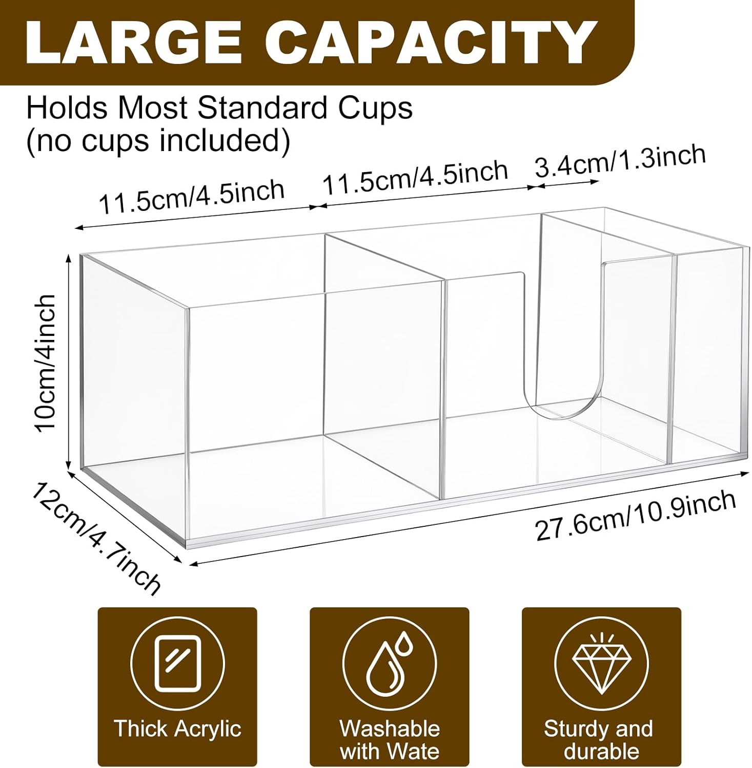 2 Pcs Acrylic Coffee Cup Holder with 3 Compartments Coffee Cup Dispenser for Countertop Plastic Lid Holder Station Organizer Accessories for Kitchen Bar Shop Farmhouse Table(Clear)
