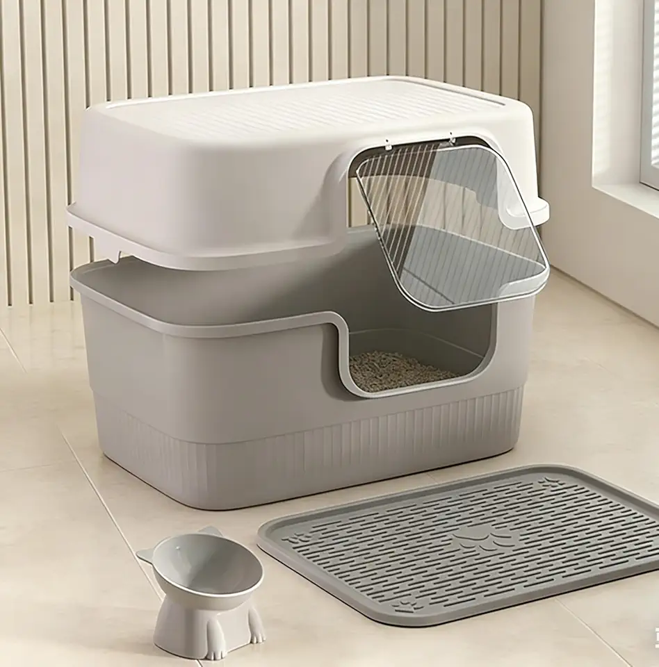 Caixa de Areia para Gatos com Teto e Porta Anti-Odor - Kit Completo com Tapete Coletor e Comedouro, Fácil de Montar e Limpar
