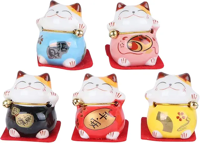 5Pcs Mini Maneki Neko Lucky Cat Figurine Set - Feng Shui Car & Home Decor