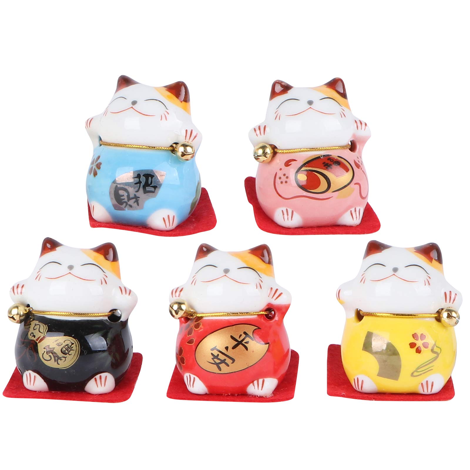 Wensmy 5Pcs Mini Maneki Neko Set Chinese Japanese Fengshui Cat Statue Innovative Lucky Fortune Cat for Car Interior Table Decor Ceramic Kitten Cat Dashboard Ornament