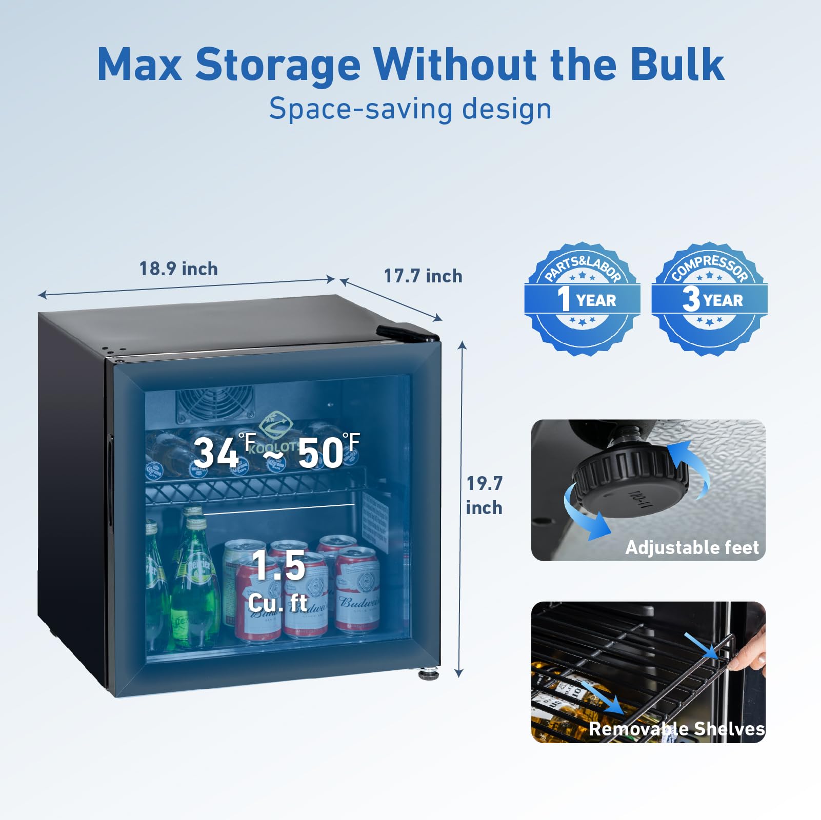 KOOLOTS 1.5 Cu Ft Countertop Beverage Refrigerator, 18.9" Small Drink Cooler with Tempered Glass Door, Quiet Mini Fridge for Beer & Soda, Compact Display Cooler with Low Noise for Home, Bar, Office on Fridge.com
