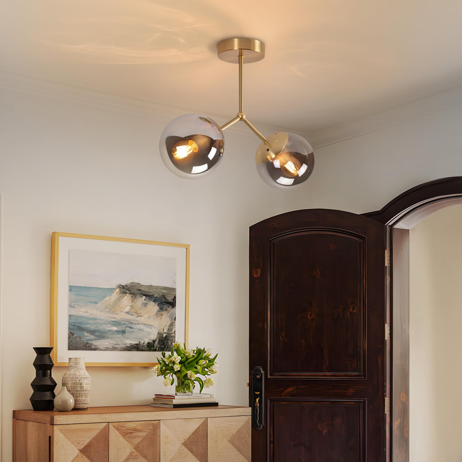 Lampada Da Soffitto Vintage In Vetro E Oro – 3 Luci E27, Per Soggiorno, Cucina, Corridoio (Senza Lampadine)