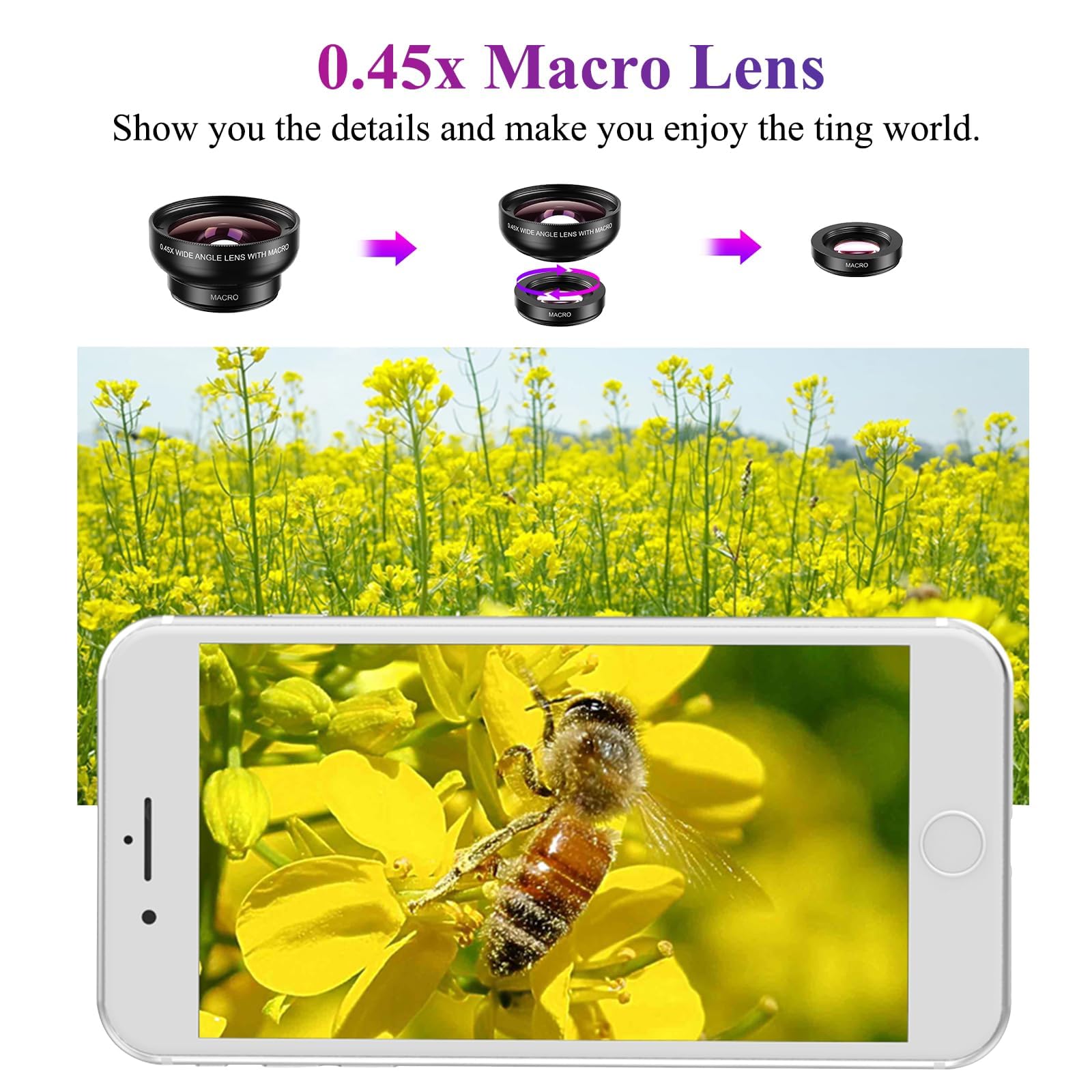 Obiettivo per smartphone universali, 2 in 1 Obiettivo per cellulare, Macro 12,5x, Grandangolare 0,45x, Obiettivi macro,per la maggior parte degli smartphone