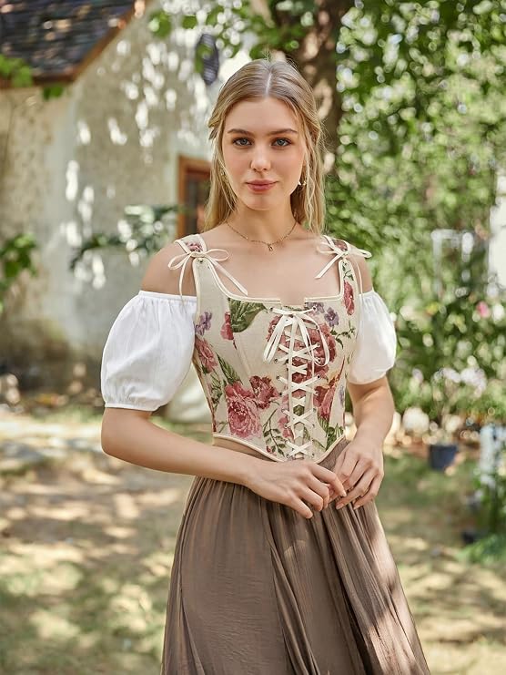 Scarlet Darkness Corset Tops for Women Renaissance Lace Up Floral Bustier | Fishboned, Vintage Floral, Overbust Bodice, for Ren Faire, Medieval, Halloween Costume