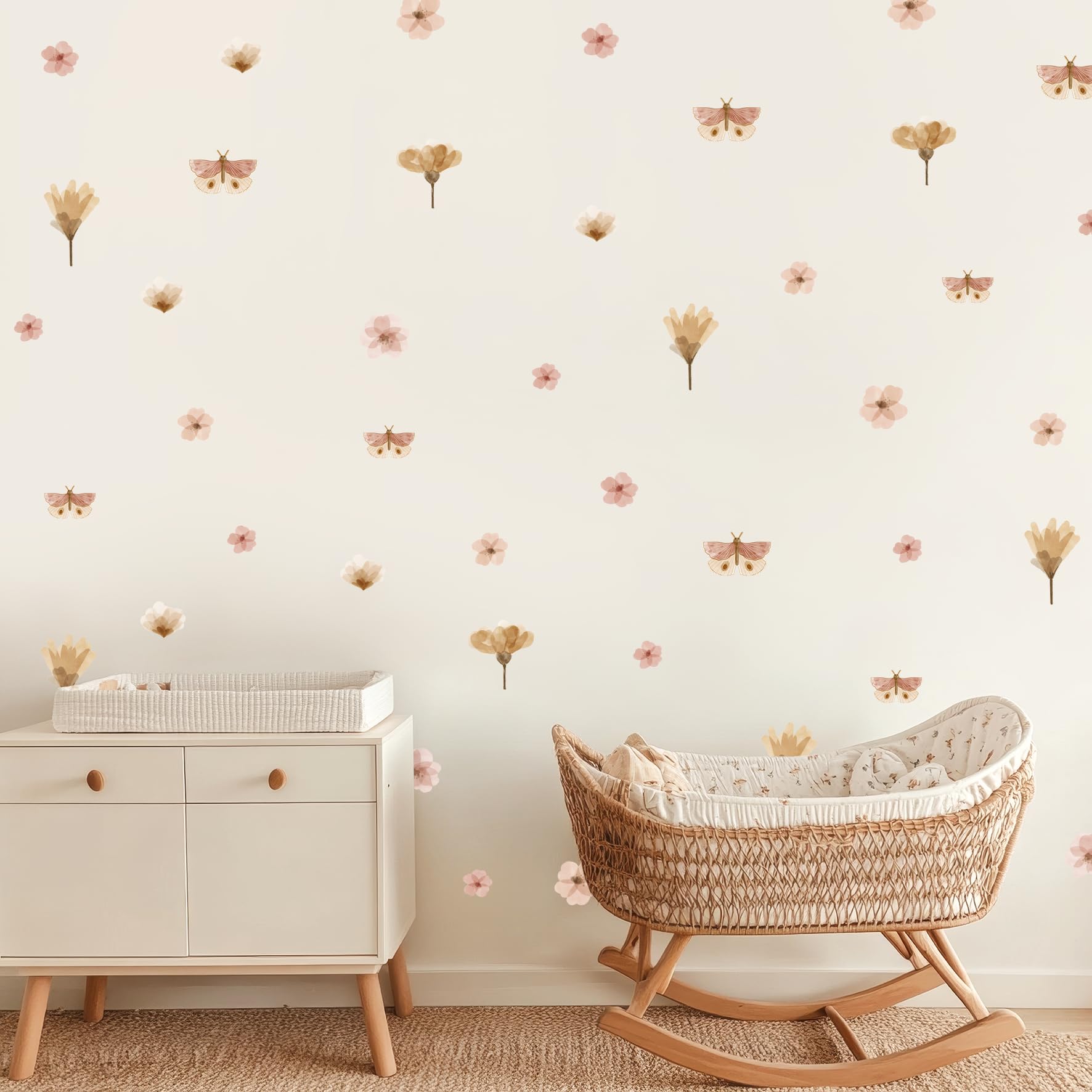 Adesivo da parete per cameretta dei bambini - Adesivo da parete per cameretta dei bambini - Non tossico, sicuro, potente - 46 pezzi adesivi, fiori boho - rosa, marrone, cipria, beige
