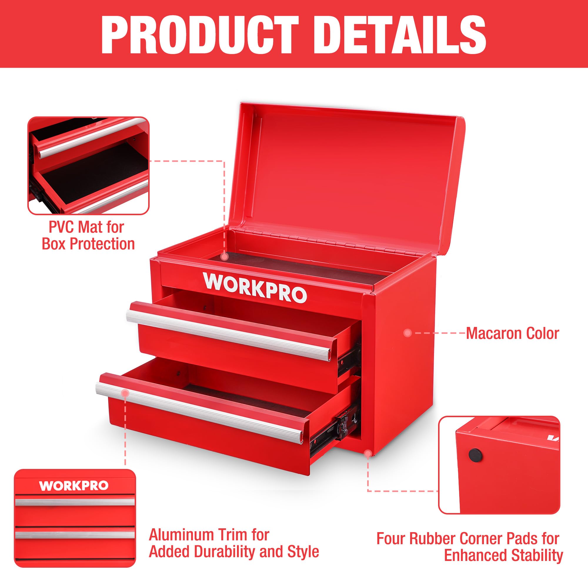 WORKPRO Metalowa skrzynka z szufladami z 2 szufladami i górną przestrzenią przechowywania, czerwona, 27,5x15x20,8 cm, organizer na biurko z szufladami do biura, szatni i biurka