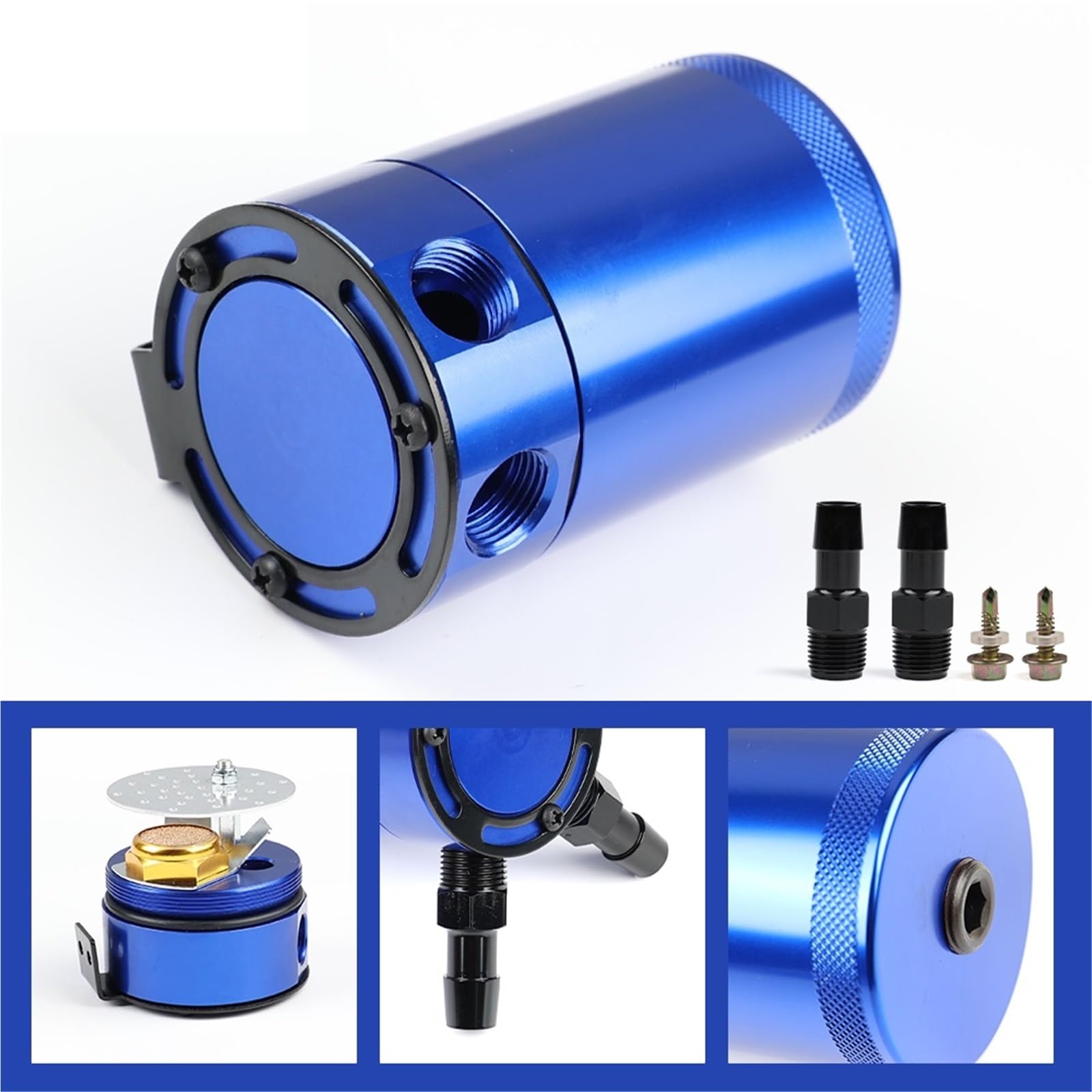 Uniwersalny aluminiowy pojemnik na olej z przegrodami, 2 porty, 150 ml, separator powietrza do układu paliwowego silnika samochodowego Chłodzący chłodnica czajnik(Blue)