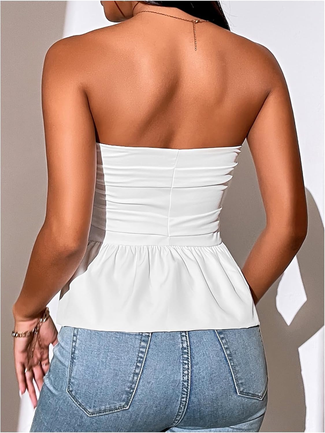 WDIRARA Women's Strapless Ruffle Hem Tube Top Ruched Sleeveless Bandeau Peplum Tops - Image 2