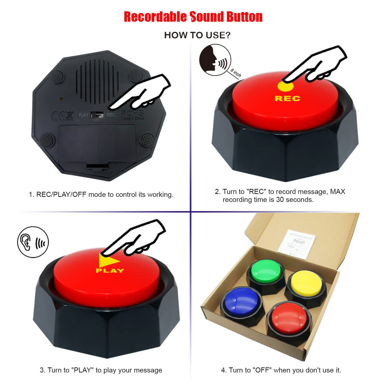 Botones grabables, botones de perro para comunicación, actualización de grabación de 30 segundos, paquete de 4 zumbadores de colores, fácil de usar, seguridad del material. (pilas en el