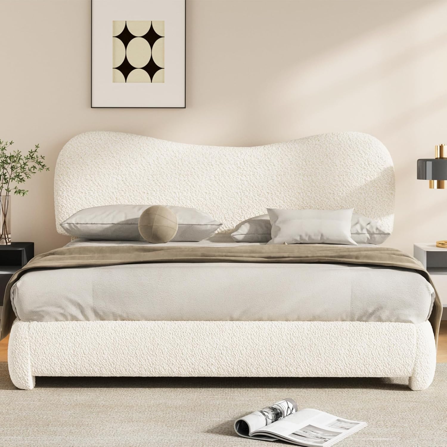 Kelway King Size Boucle Bed Frame Upholstered Platform Bed with Curved Adjustable Headboard, No Box Spring Needed, Beige