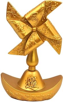 Feng Shui Spinning Windmill Lucky Gold Ingot Base Pinwheel Decor | 4.72" alloy wealth abundance talisman on manual 360-degree turn, office desktop or cashier reception stress relief sculpture.