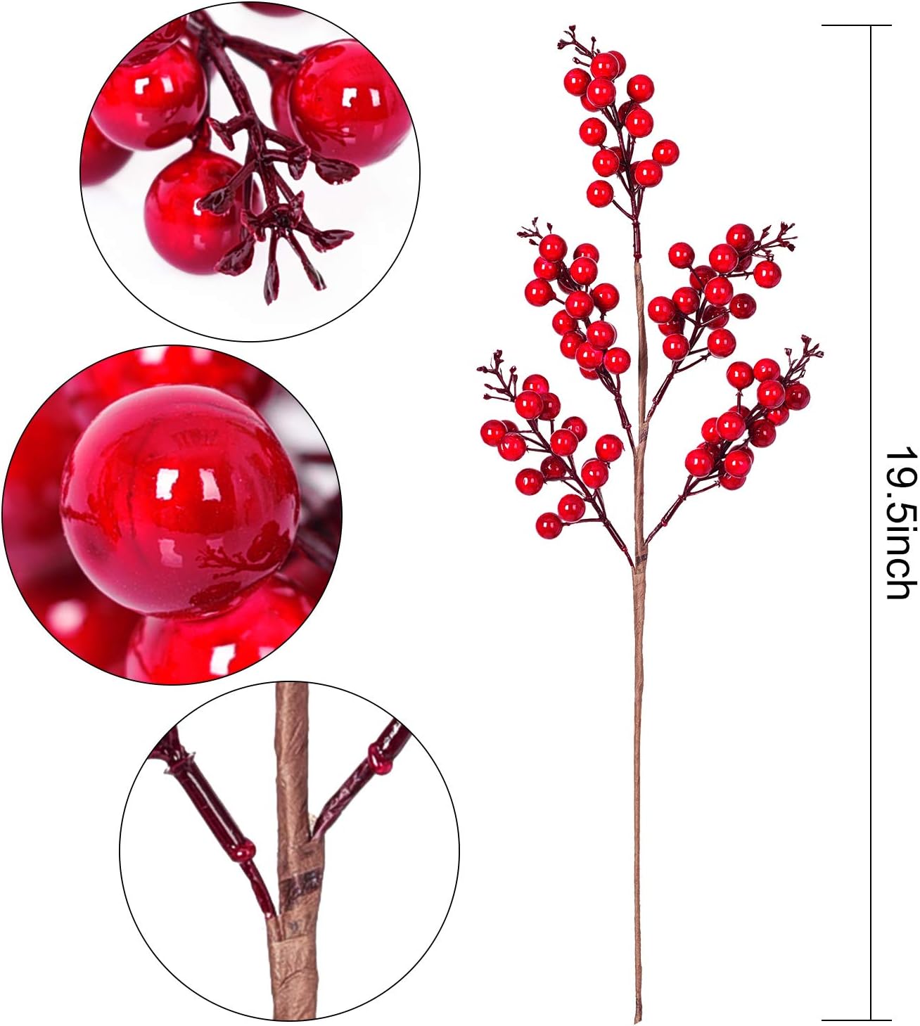 Lvydec 4 Pack Artificial Red Berry Stems - 19.5 Inch Christmas Holly Berry Branches for Holiday Home Decor and Crafts