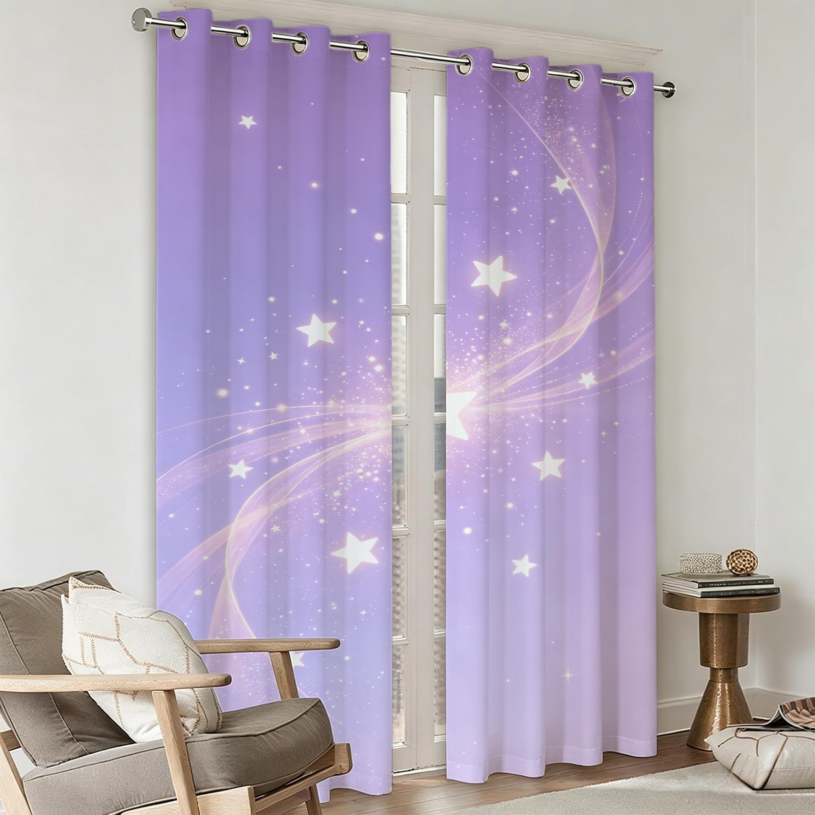 Verdunklungsgardine Weiße Sterne Ösenvorhang 2er Set H183 x B117 cm 3D Sternenhimmel-Motiv Kurze Blickdichte Gardinen Vorhang Thermo Hitzeschutz für Schlafzimmer Wohnzimmer C.1948