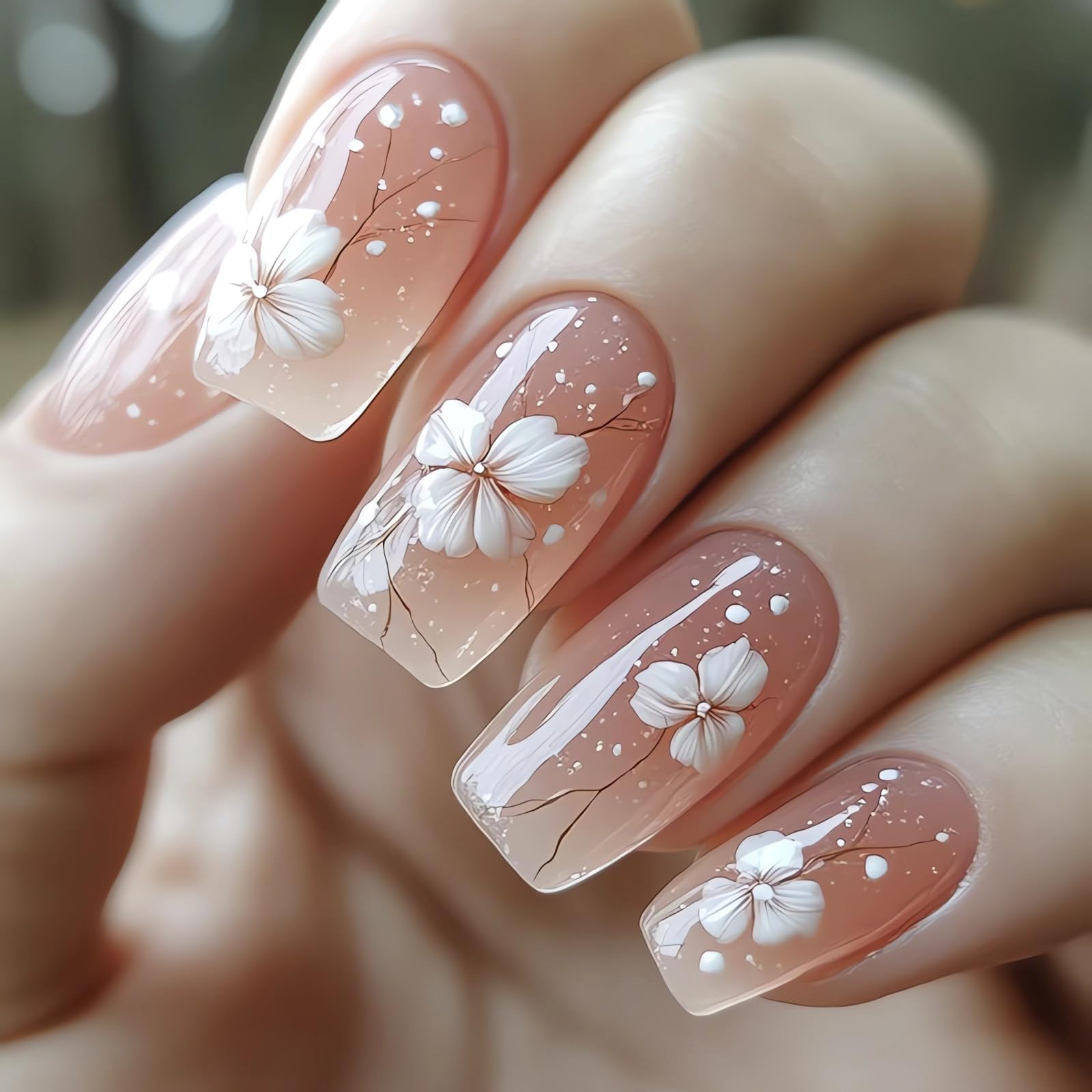 Medium Square Flower Press on Nails Orange Cat Eyes Fake Nails with Designs Cute False Nails Gradient Gel Acrylic Nails Medium Glue on Nails Summer