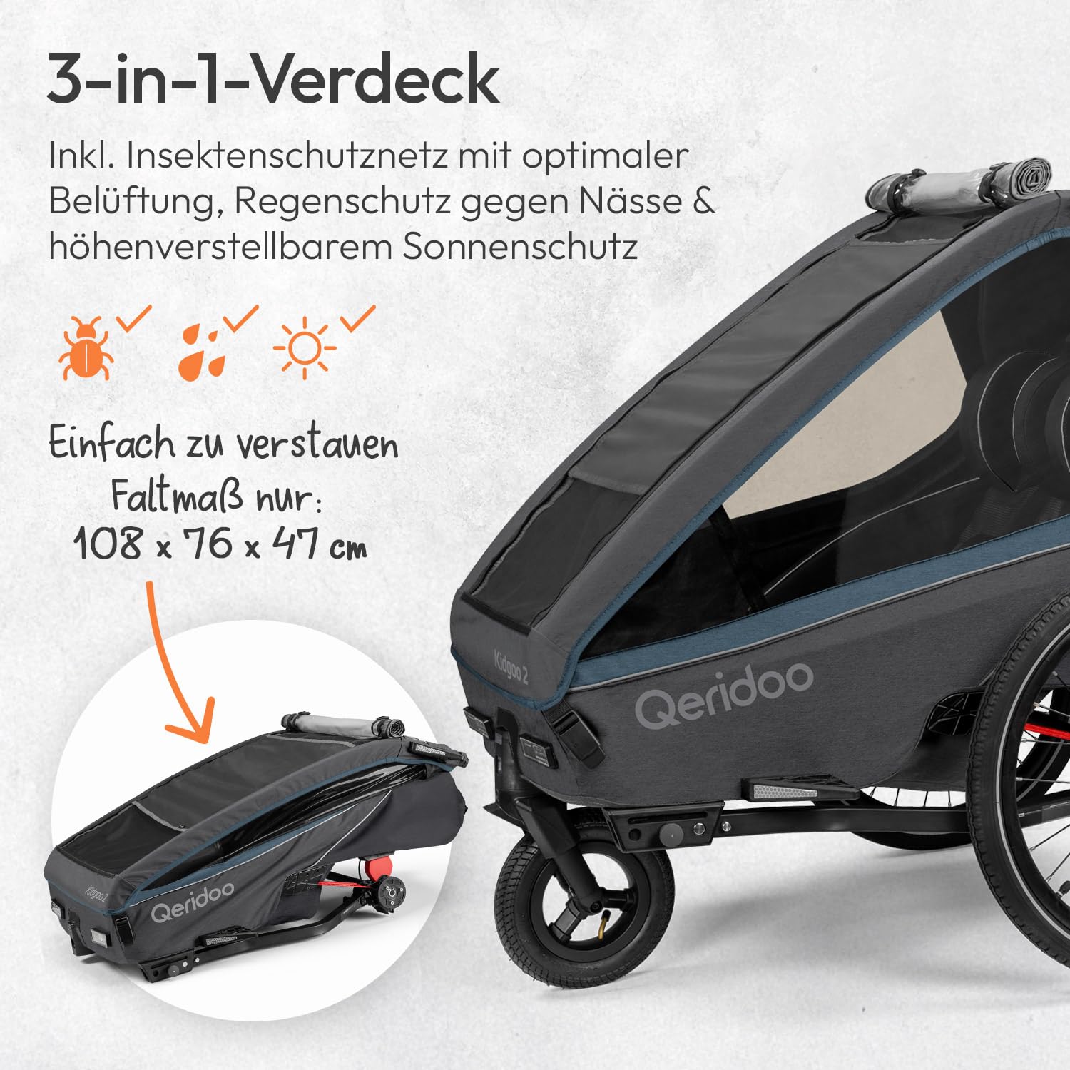 Qeridoo Rimorchio per bicicletta Kidgoo 2 blu navy con sistema di cinture a 5 punti e Easy ARS, pieghevole, con ruota girevole a 360 gradi e protezioni per la testa brevettate, per 2 bambini!