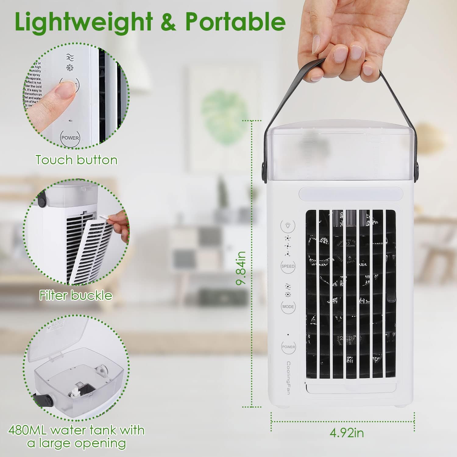 Portable Air Conditioners，Evaporative Cooler with Water Mist, 3 Speeds & Nightlight - USB Powered Mini Air Conditioner Fan for Bedroom, Office & Home，Small Portable Air Conditioner for Cooling
