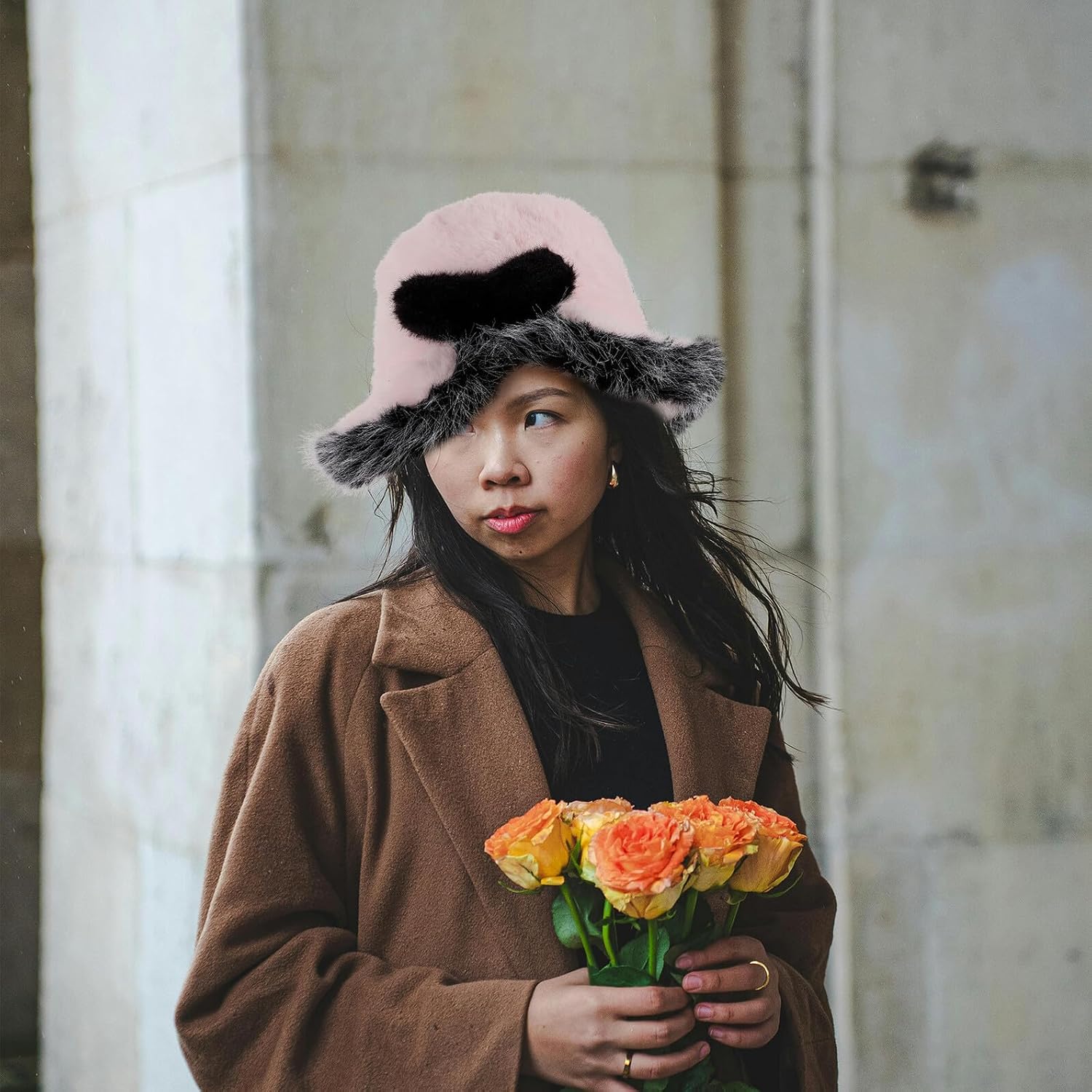Cute Pink Plush Bucket Hat for Women Teens, Thick Warm Furry Fisherman Cap with Bow, Fashionable Outdoor Fluffy Winter Hat