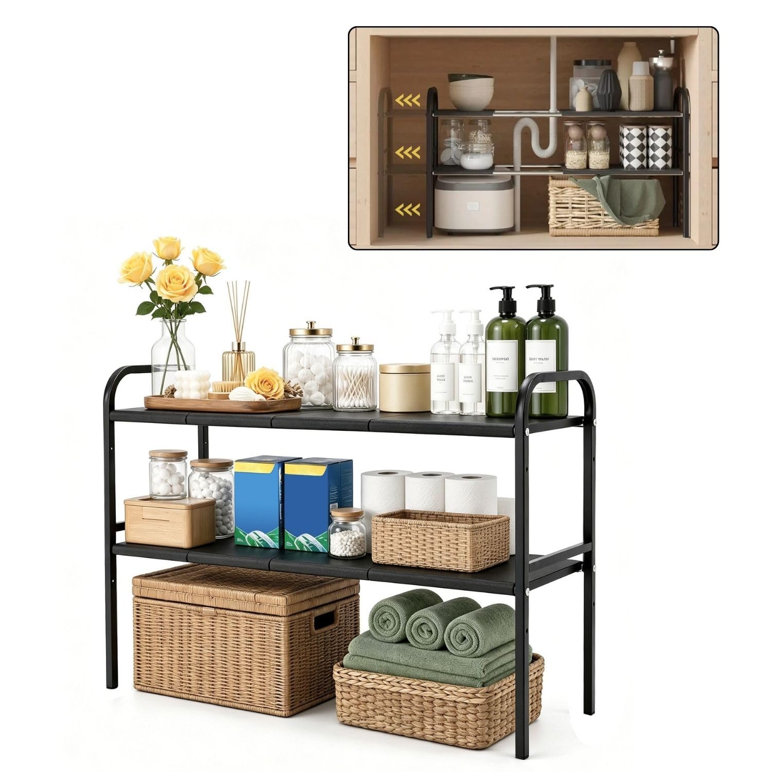 Organizador Cocina Bajo Fregadero Extensible de 2 Niveles | Estantería Multiuso en Acero al Carbono de Alta Resistencia | Organizador Ajustable para Armarios con Tuberías en Cocinas y Baños