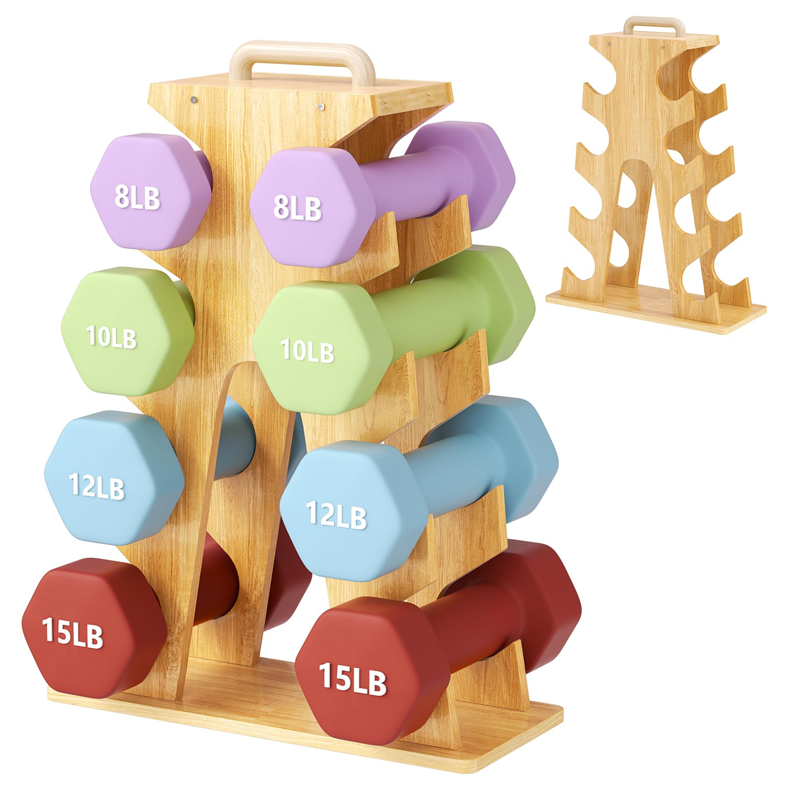Reomdara Bamboo Dumbbell Rack, Compact A-Frame Dumbbell Stand for 3-7 kg (8-15 lbs) Dumbbells, Space-Saving Weight Rack for Home Gym, Garage, Office with Scratch-Proof Surface, Built-in Handle