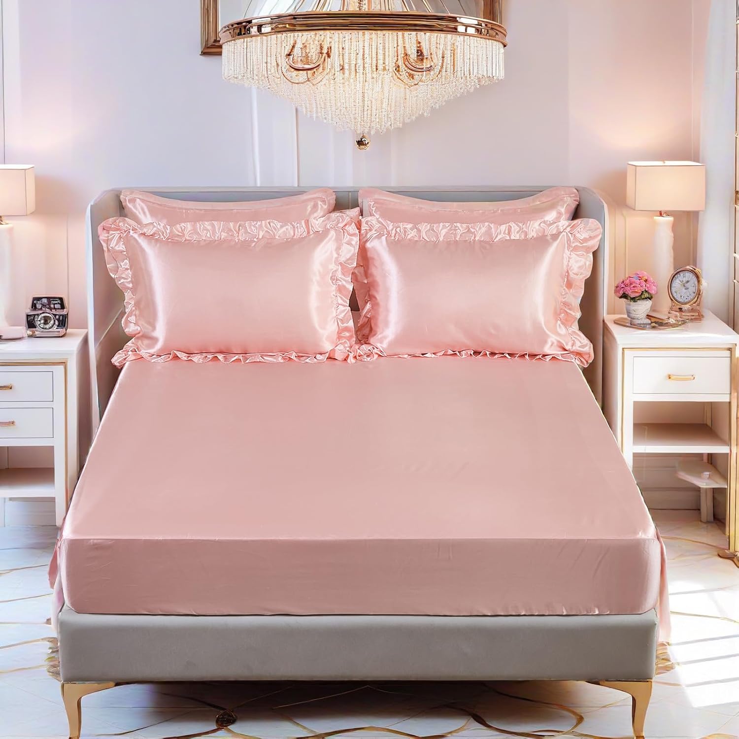 MOVE OVER Pink Satin Comforter Set King Size 8 Pieces Bed in a Bag Farmhosue Shabby Chic Waterfall Ruffle Comforter Set Luxury Silk Like Satin Bedding Set Boho Chic Satin Ruffled Comforter Sets - Image 4