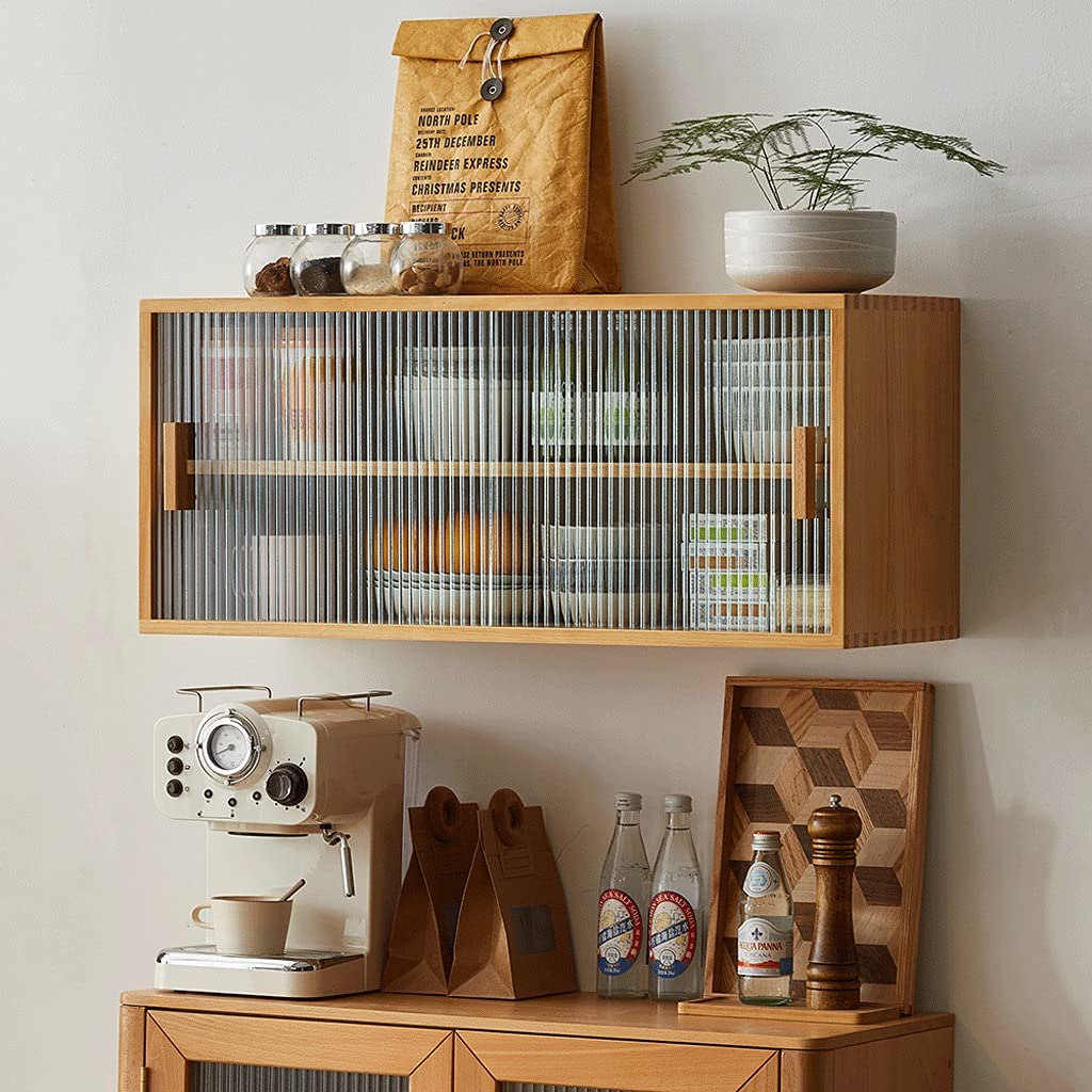 Wooden Display Cabinet,Wall Shelf Hanging Cupboard, 2 Tier for Kitchen Countertop Bar Sideboard Collectibles Storage with Glass Sliding Door(Wood Color)
