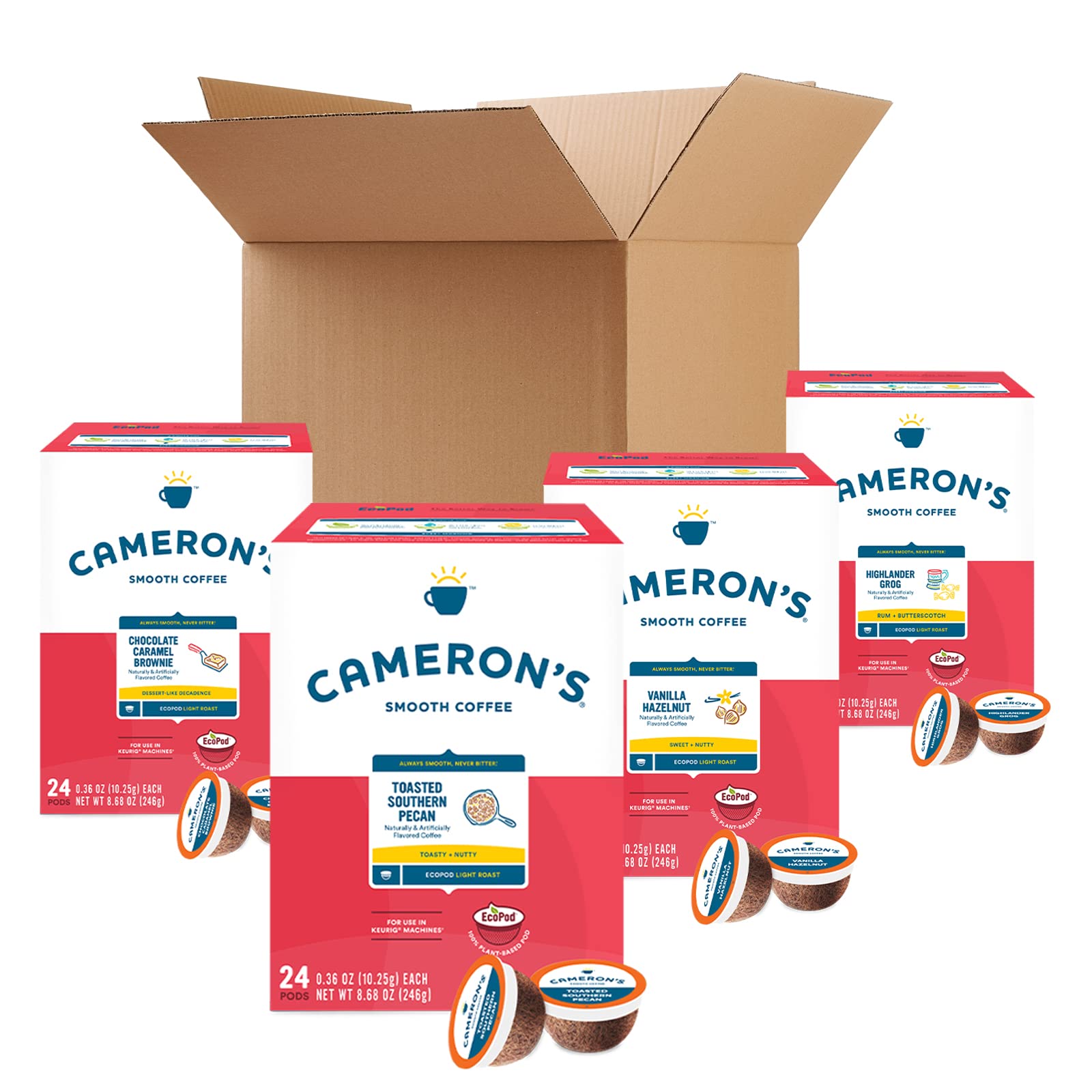 Cameron's Coffee Single Serve Pods-Variety Pack, Flavored, Vanilla Hazelnut, Highlander Grog, Chocolate Caramel Brownie, Toasted Southern Pecan Flavored, 96-Count, (Pack of 1)