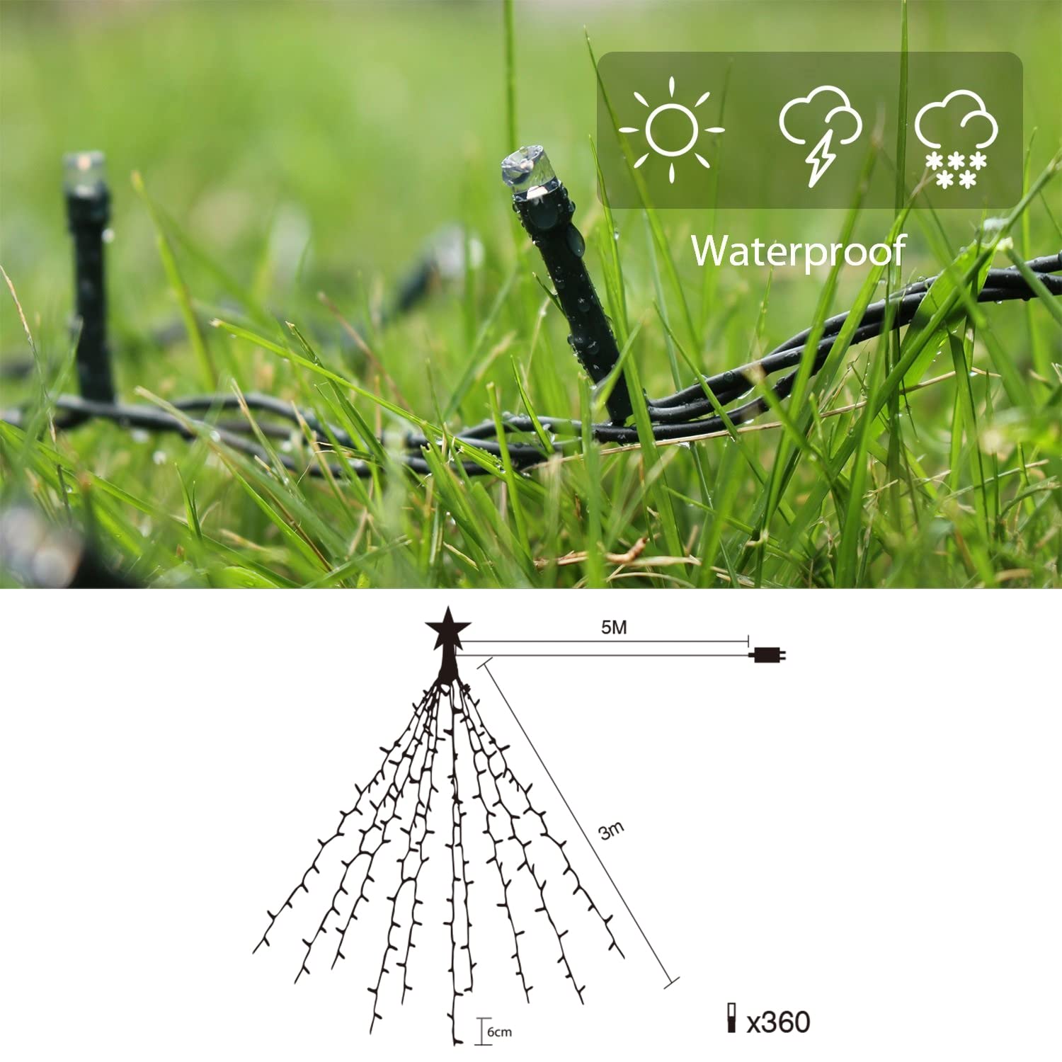 SALCAR 3m Christbaumbeleuchtung mit Ring, 10 Girlanden und Sternspitze, 360er LED Lichterkette Tannenbaum Christmas Tree Lights mit 8 Modi, Warmweiß