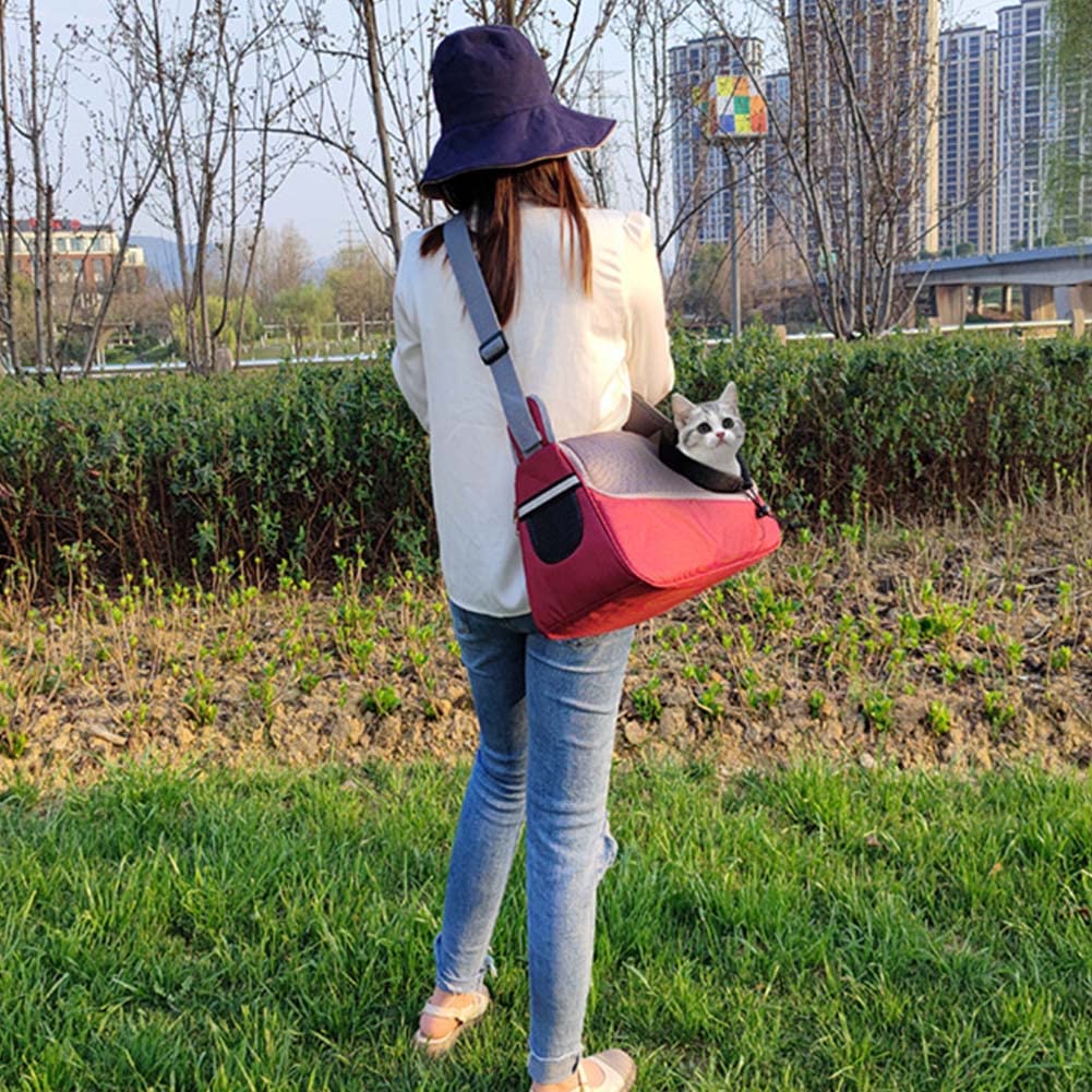 Dog Shoulder Bag Carrier Breathable Mesh Cat Sling Carrier Hands Free Reversible Pet Papoose Bag Red