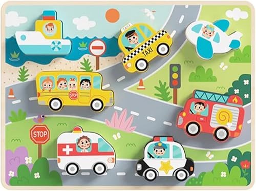 Vehículos - Rompecabezas de madera gruesos - Juguetes educativos para niños de 1 a 3 años de edad para niños y niñas, aprendizaje preescolar