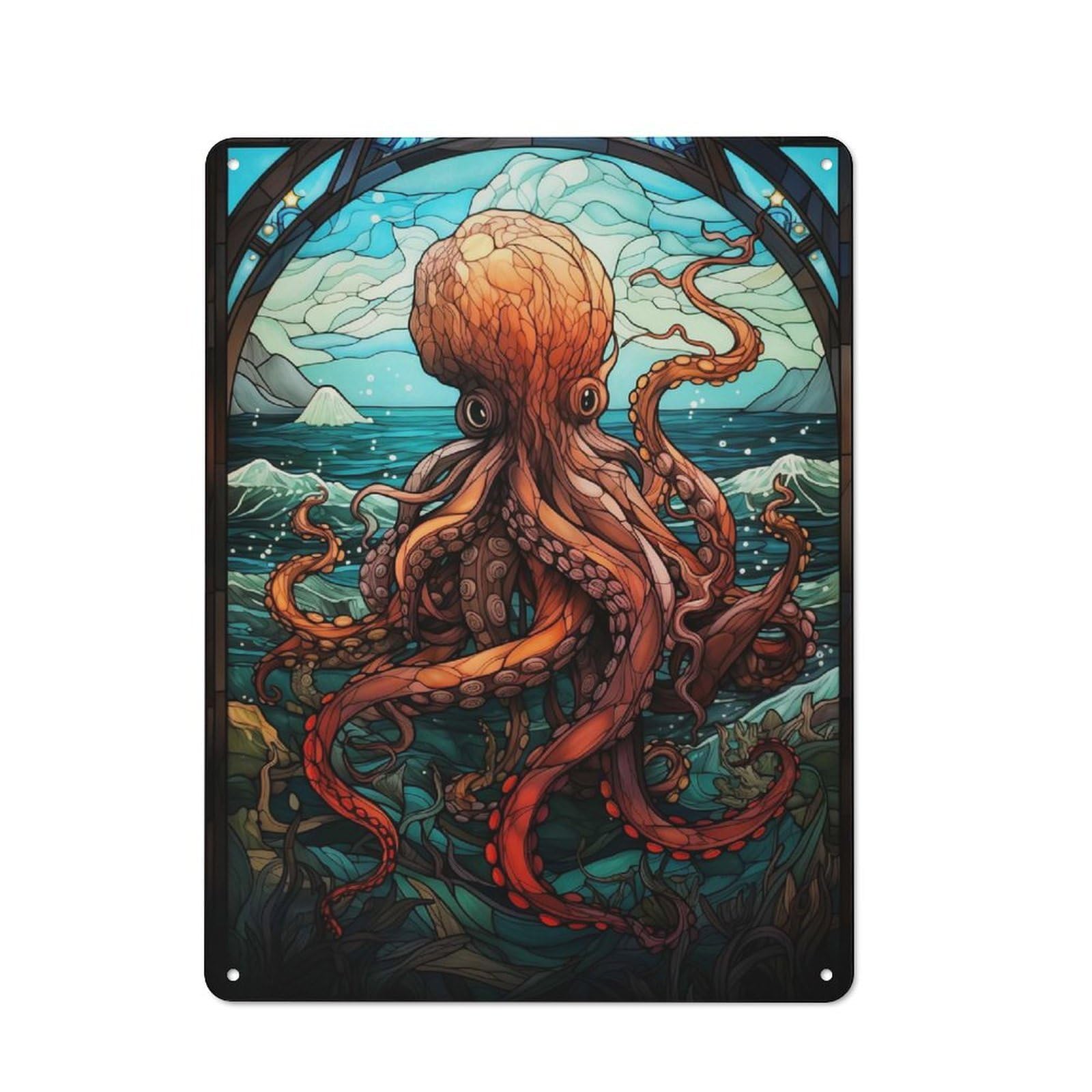 Junmoney Style-5 Octopus Stained Glass Vintage Tin Sign 40X30cm For Café Or Restaurant, For Café Owners And Decorators, For Retro Home Interiors