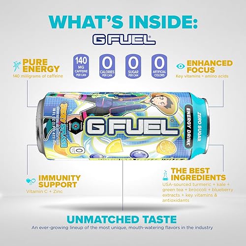 Miniatura 3 de G Fuel aDrive - Bebida energética, sin azúcar, bebidas saludables, cero calorías, 140 mg de cafeína por lata carbonatada, sabor a arándanos y