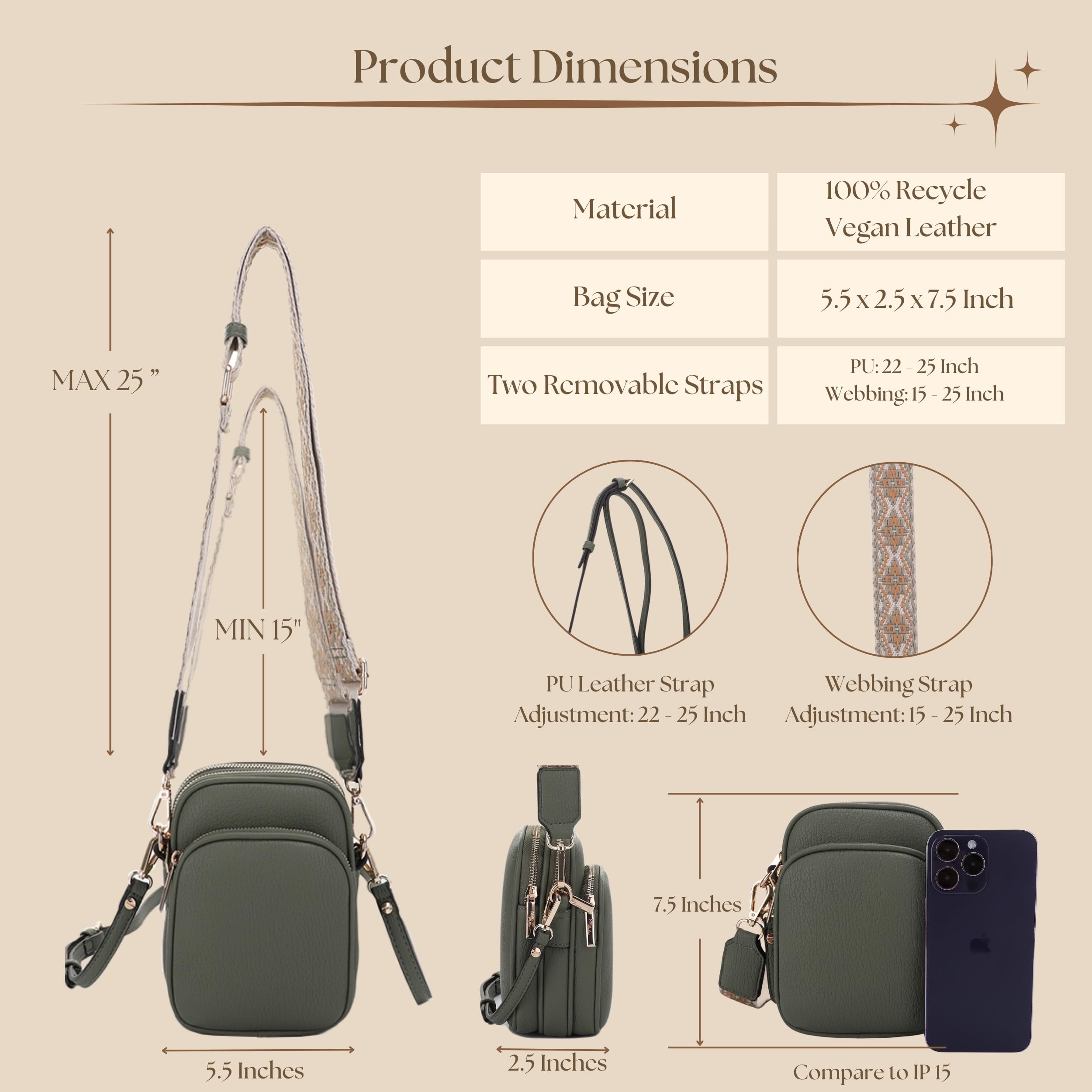 Mali+Lili Small Crossbody Bag for Women, Triple Compartment Shoulder Bag with Double Strap: Olive Green/Tri