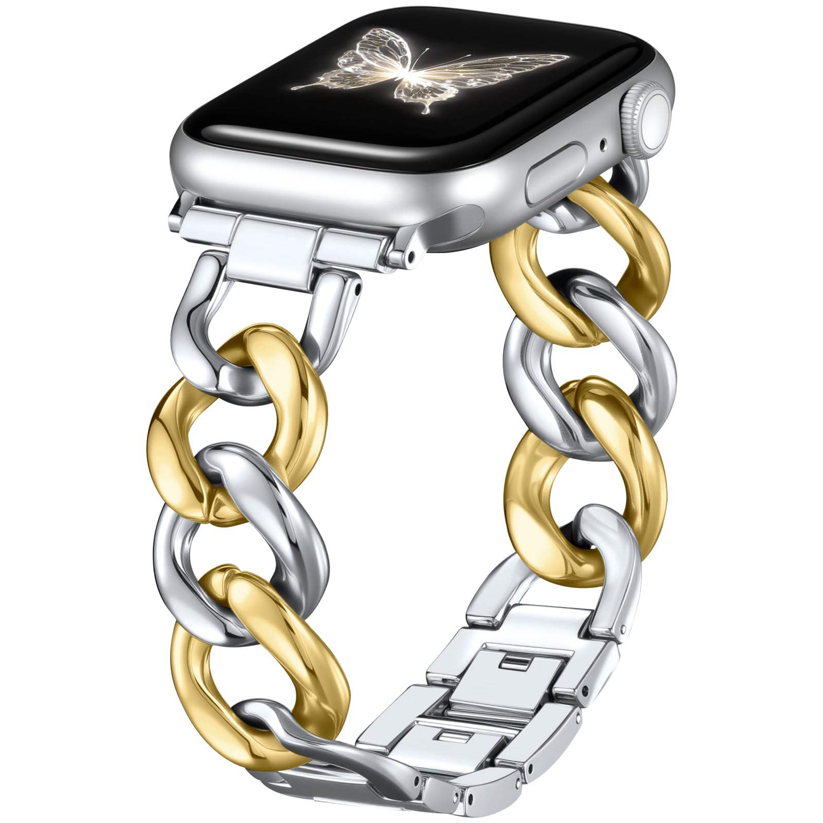 DaQin Gold Band Compatible with Apple Watch Bands for Women 40mm 38mm 41mm 42mm 44mm 45mm 46mm, Metal Chain Link Steel Replacement Accessories