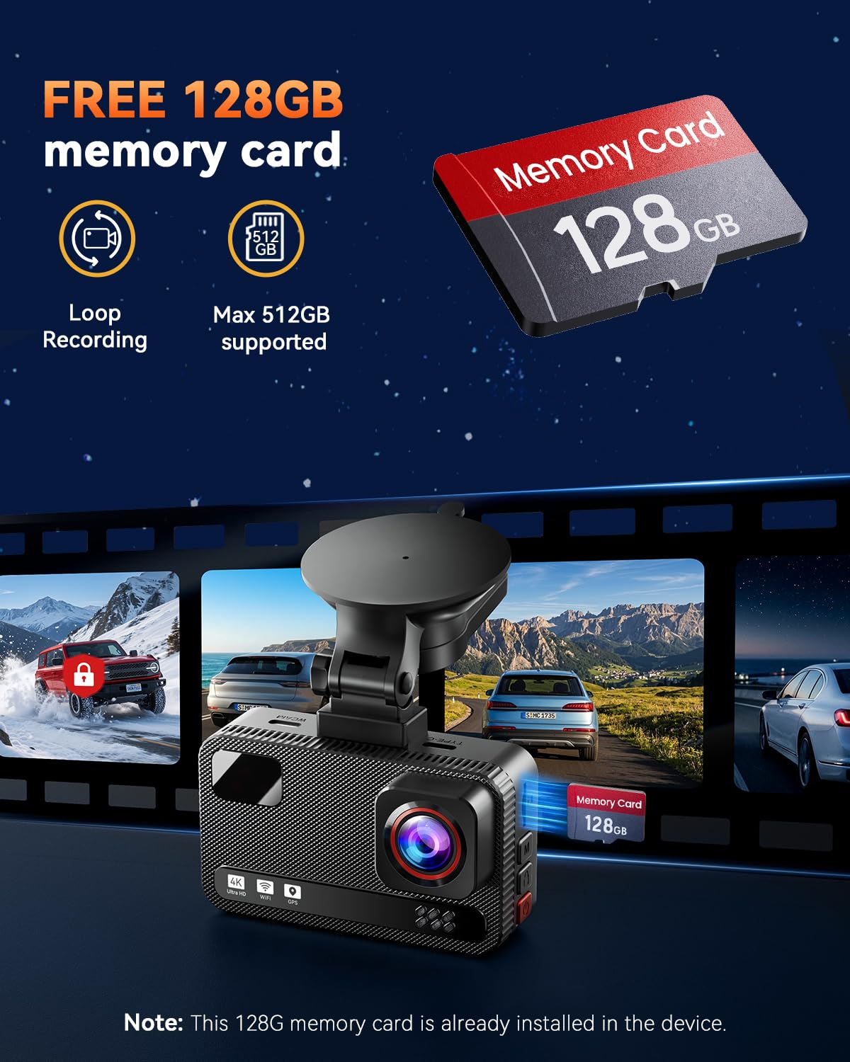 4K+4K Dual Dash Cam Front and Rear, Free 128GB Card, Starlight Night Vision view 7