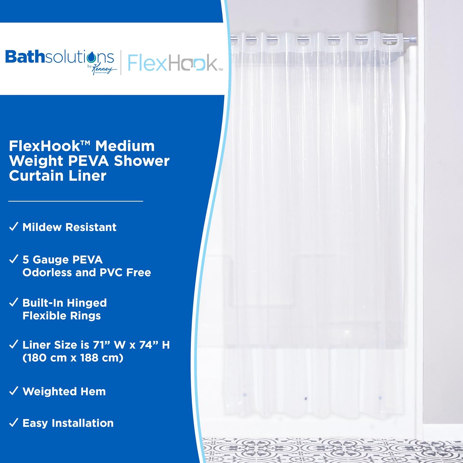 Kenney KN61376 FlexHook Medium Weight 5 Gauge Waterproof PEVA Shower Curtain Liner, Easy Install, No Hook, Hotel Style, 71" W x 74" H, Clear