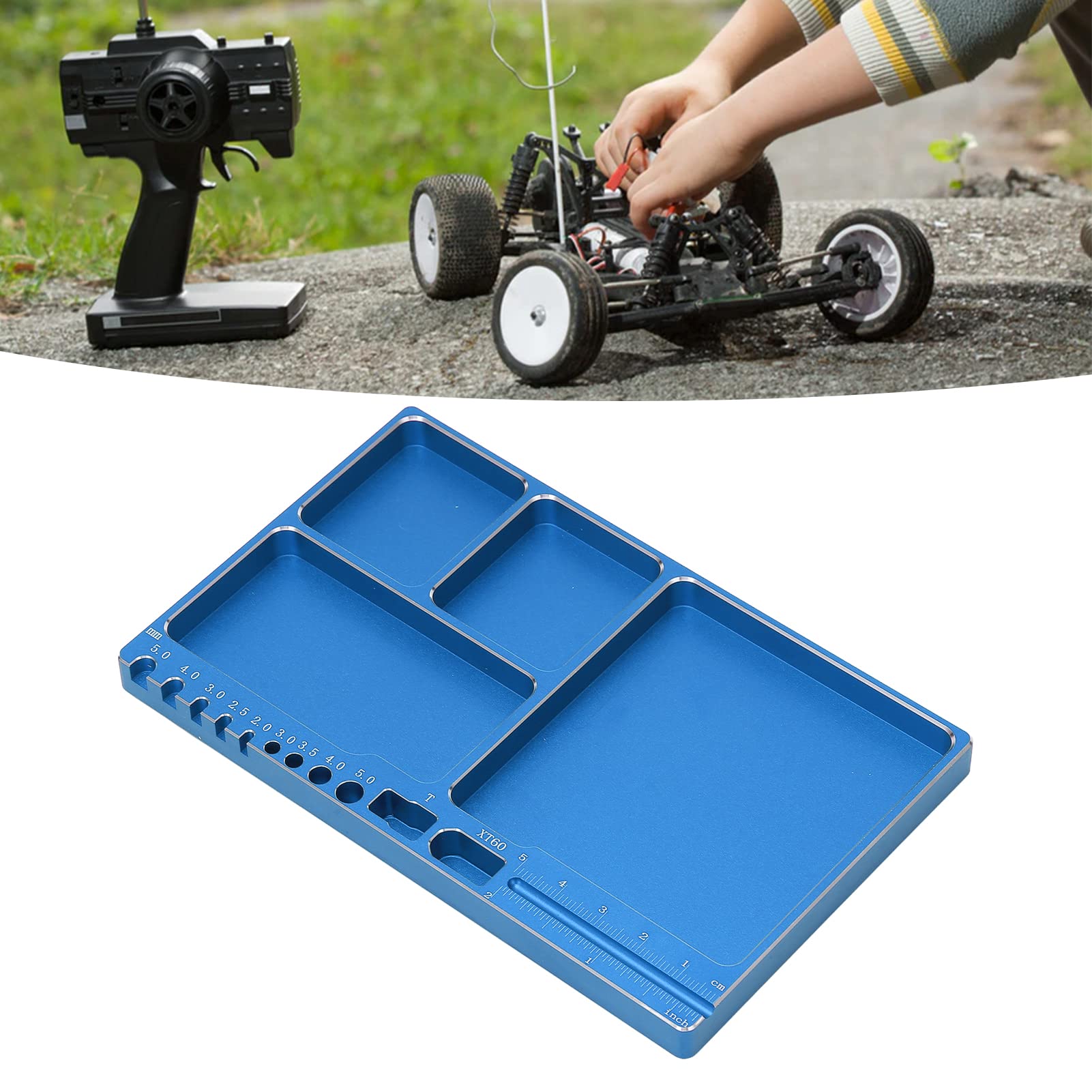 Pwshymi Magnetic Screw Tray, Aluminium Alloy Magnetic Adsorption Portable Size, RC Repair Tool Tray for RC Model Toy Repair (Blue)