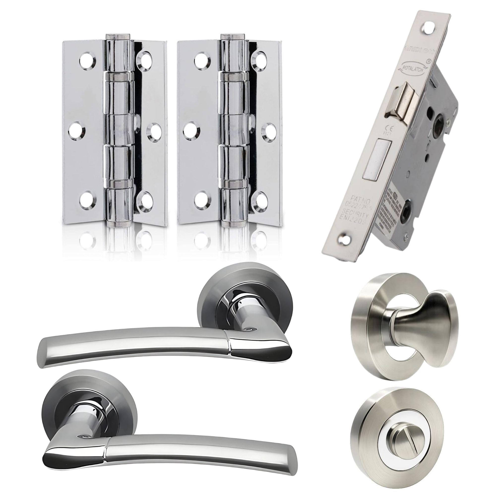 UAP Internal Door Handle Set with Lock – Complete Door Pack with Hinges, Thumb Turn & Fixings – Privacy Turn & Release (Falcon, Polished Chrome)