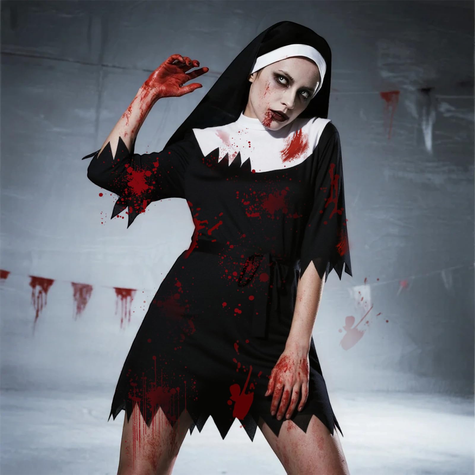 Meriviva Zombie Nun Costume for Women Scary Bloody Nun Costume Set including Black Dress Headpiece Cross Necklace Belt for Halloween Party Fancy Dress Up (M) - Image 4