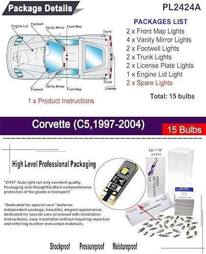 Miniatura 2 de PL2424A - Kit de luz interior LED (15 bombillas) de repuesto para Chevrolet Corvette C5 1997-2004, bombillas de cúpula blanca, paquete de accesorios