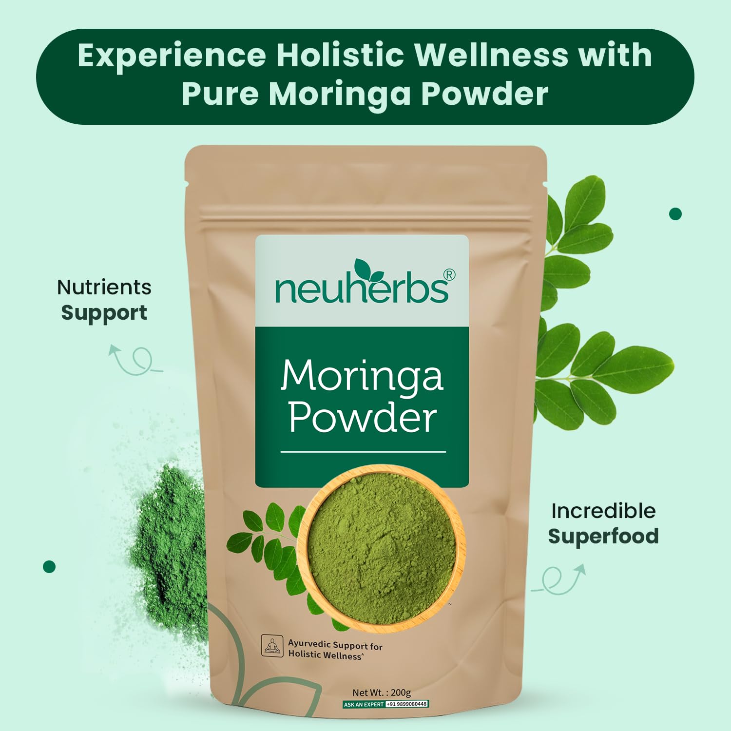 Neuherbs Moringa Leaf Powder 200g | Drumstick Leaf Powder for Energy, Immunity & Digestion Support | Rich in Fiber, Iron, Vitamins A & C | 100% Pure Herbal Superfood 1