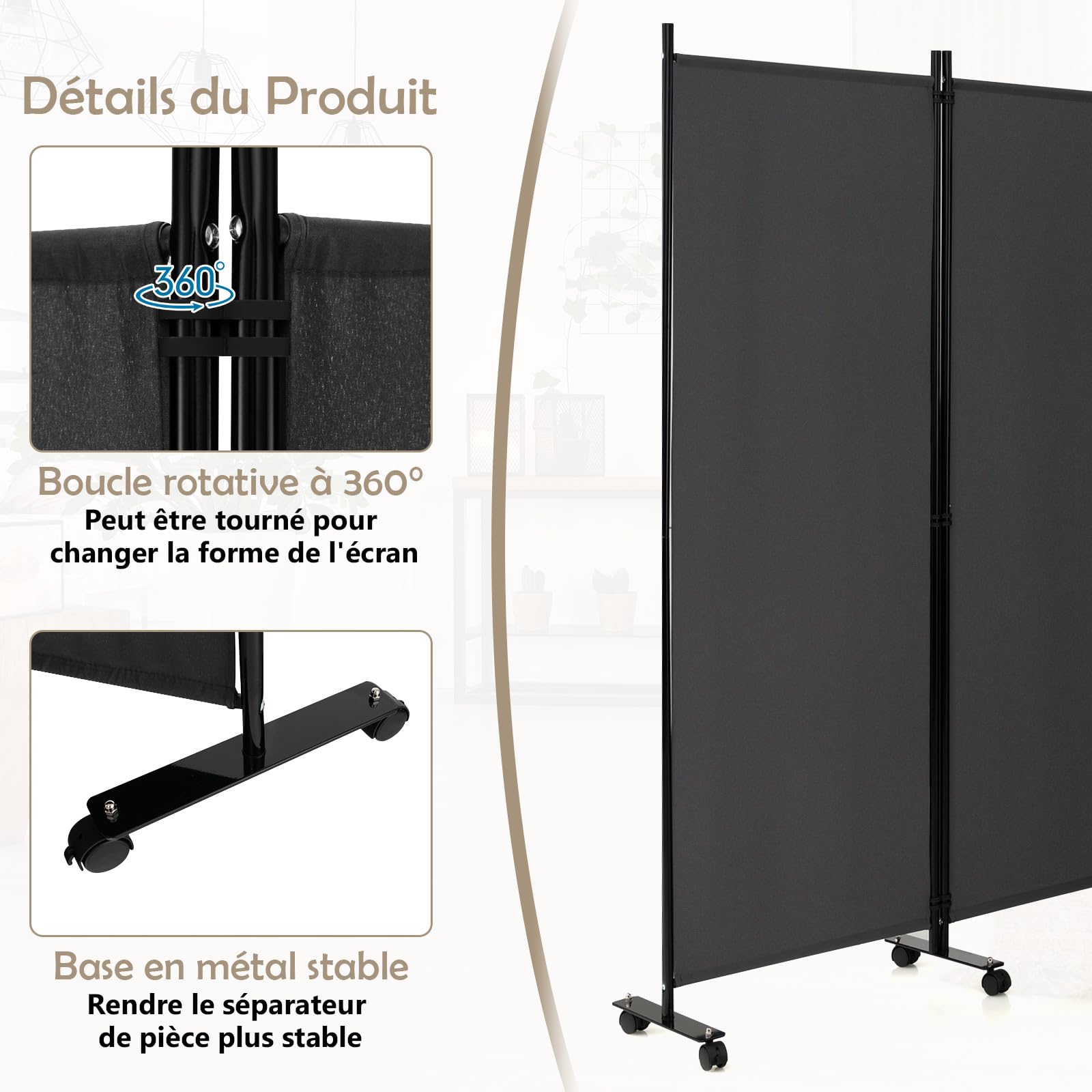 GOPLUS Paravent Pliable 6 Panneaux avec Roues, Brise Vue Intérieure et Extérieure avec Support en Métal,Paravent de Chambre Retractable 334,5x172CM, pour Salon, Chambre, Hôpital(Gris)