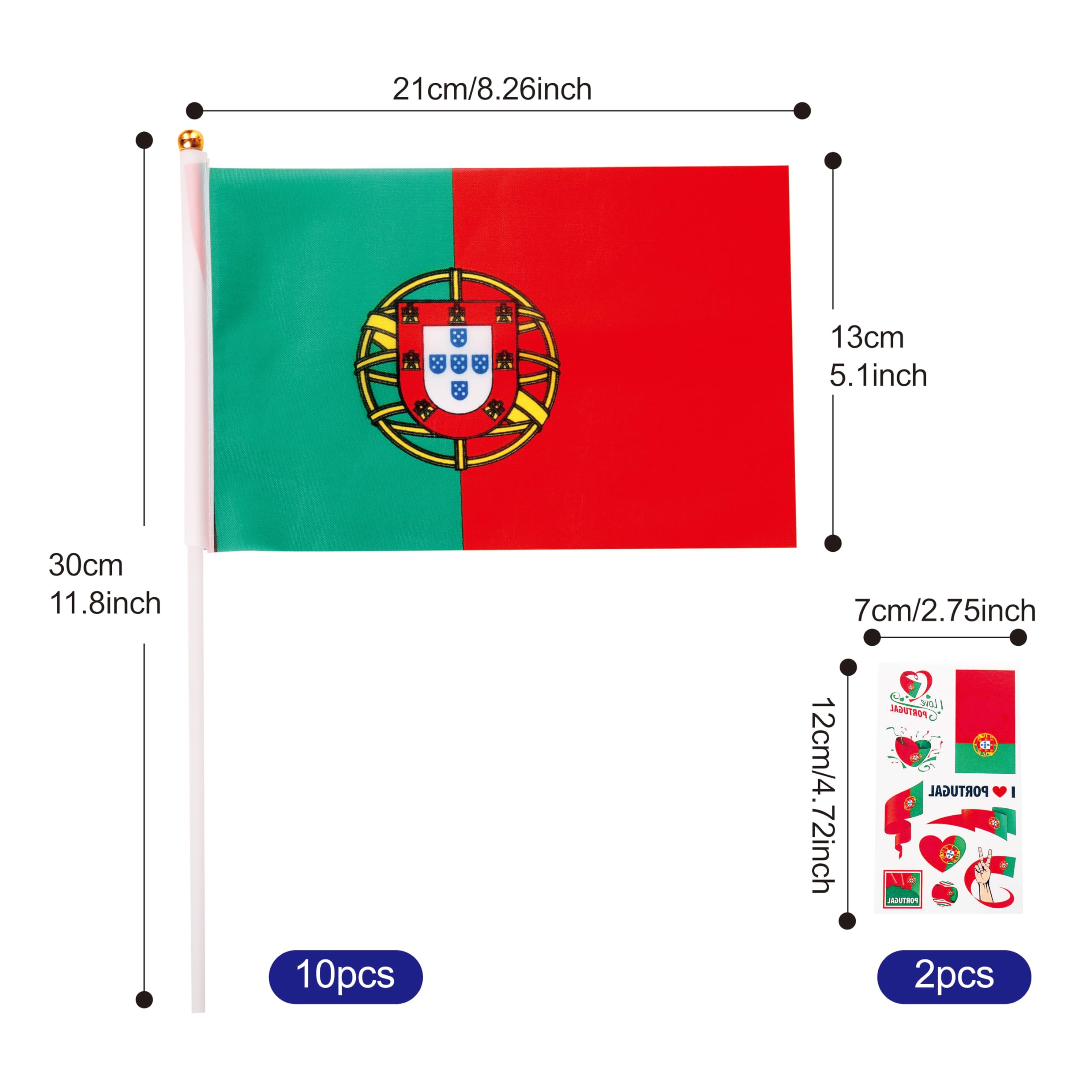 10pcs Small Portugal Flag on Sticks & 2pcs Tattoos, Portuguese Mini Hand Held Flags for Oly Games 2024 Sports Events - Image 2