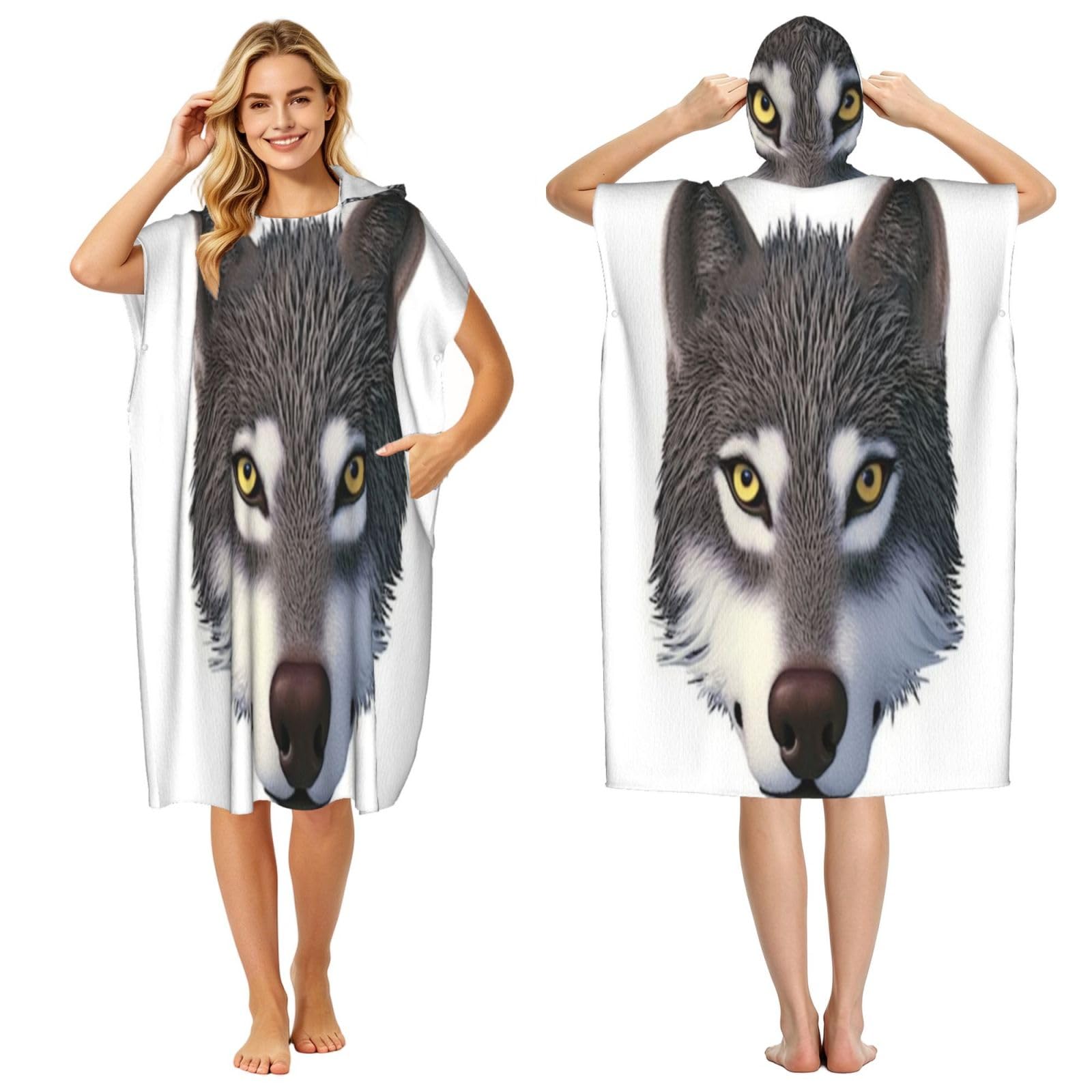 DTHKJNLSF Wolf'S Head Adult Hooded Beach Poncho Towel