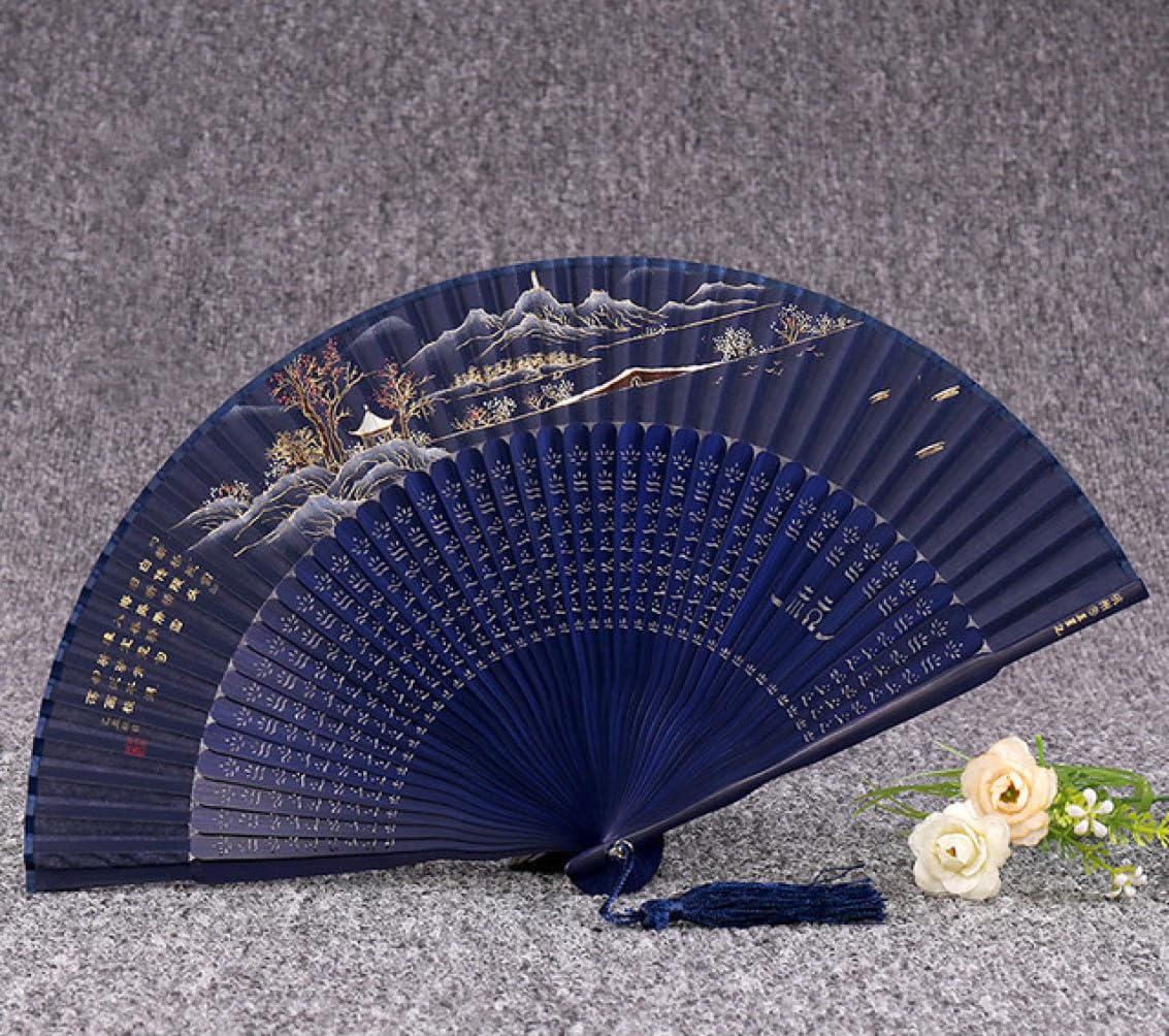 METTEOR Folding Fan Silk Folding Dance Fan Portable Vintage Lady Folding Fan Chinese Landscape Fans Summer Women Hand Fan Tea Pot