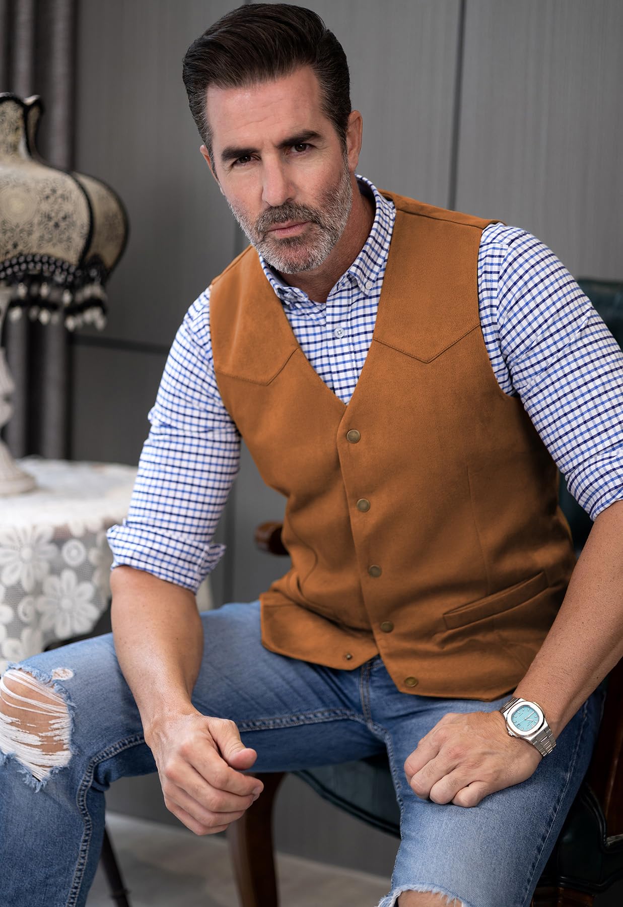 Tuikayoo Chaleco de traje de ante para hombre, estilo vintage, chaleco vaquero estilo Western, ajuste normal