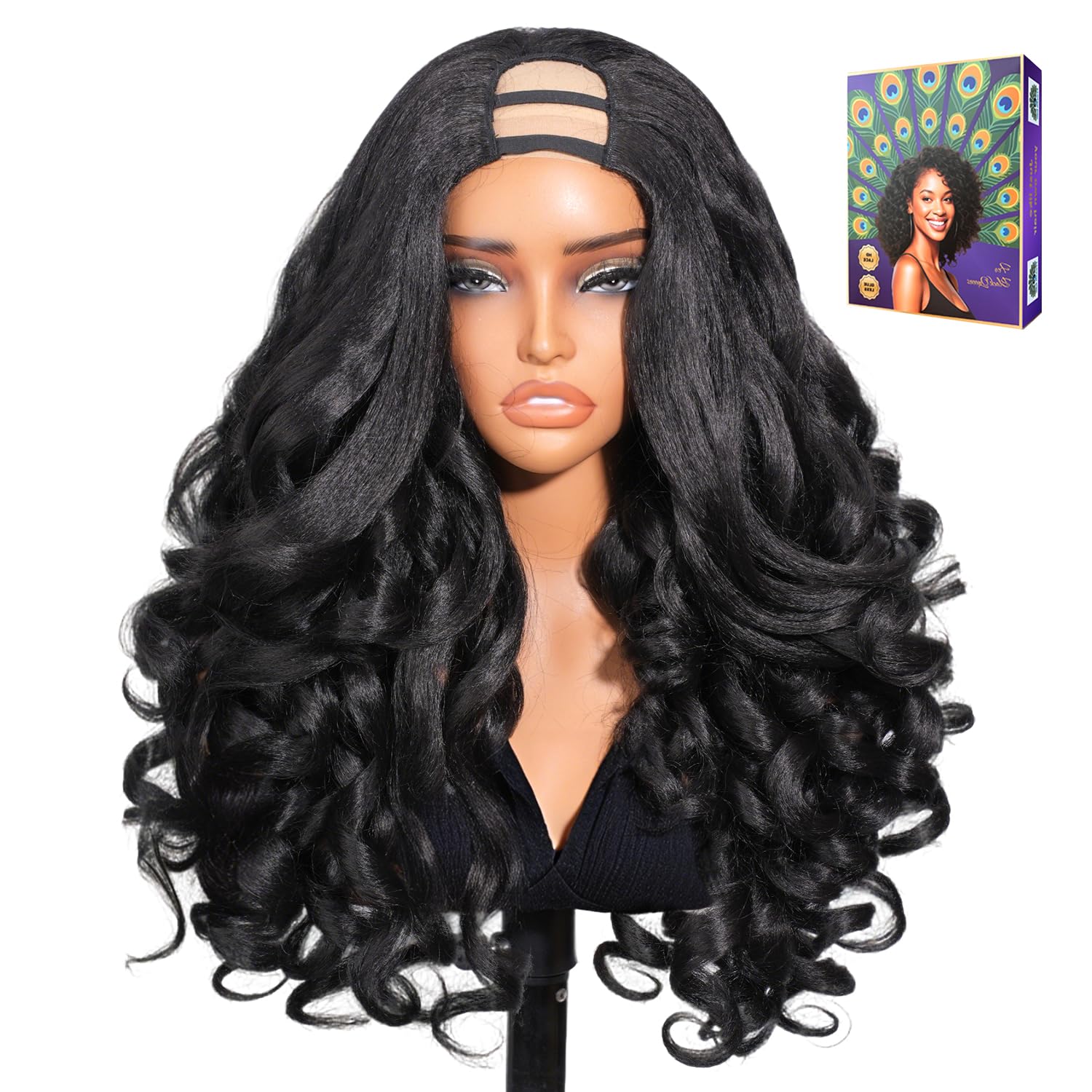 U Part Body Wave Wig Yaki Texture 200% Density Glueless Wear and Go Synthetic Wig, Natural Hairline Breathable Cap Wigs for Black Women 24 Inch 4C Hair Friendly