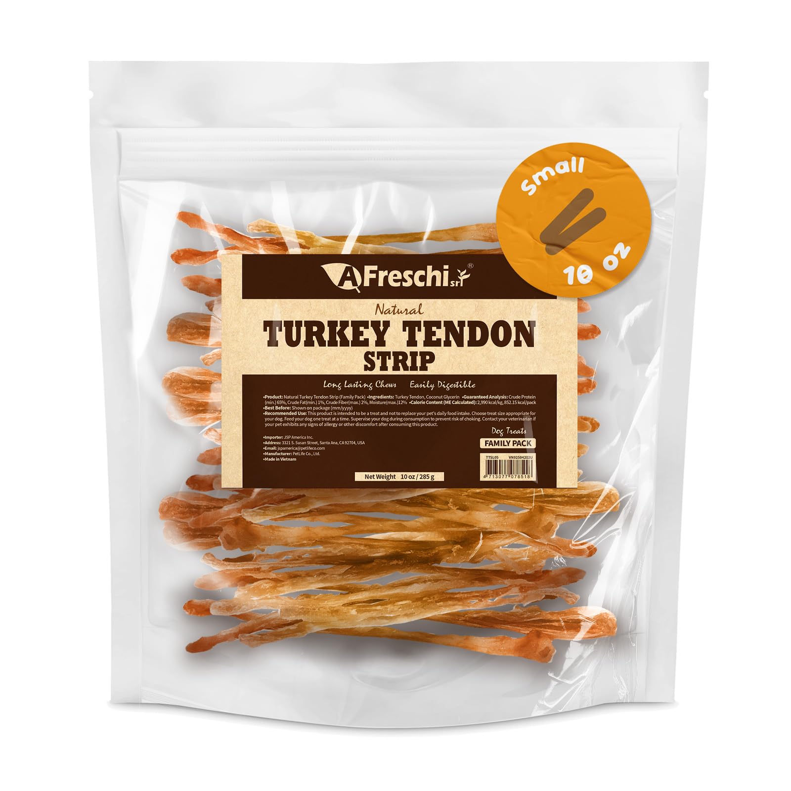 Afreschi Natural Turkey Tendon Strip 10oz, Turkey Sourced from USA, All Natural Puppy Chew, Hypoallergenic, Rawhide Alternative