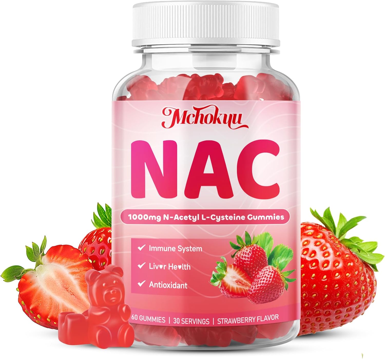 NAC Gummies for Adults & Kids 1000mg, NAC Supplement N-Acetyl Cysteine, Immune Support Liver & Lung Health Antioxidant Sugar-Free, Strawberry Flavor Gummy, 60 Counts