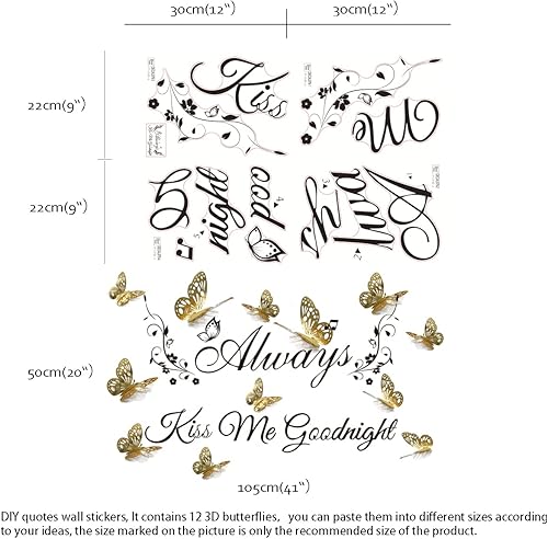 Miniatura 4 de Runtoo Calcomanía de pared con texto en inglés "Always Kiss Me Goodnight" (Always Kiss Me Goodnight), calcomanías de pared con diseño de mariposa