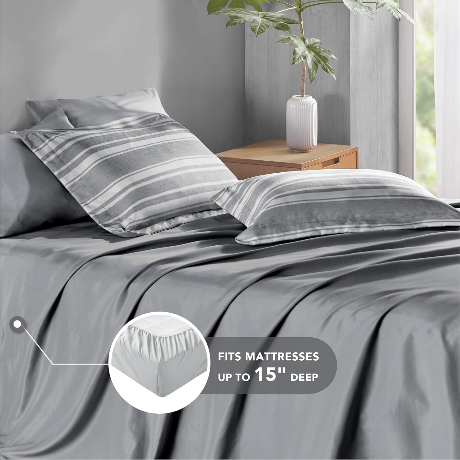 Codi Queen Size Bed in a Bag, Full Bedding Sets, Modern Farmhouse Grey and White Striped Comforter with Sheets, 7-Piece Complete Bedroom Set